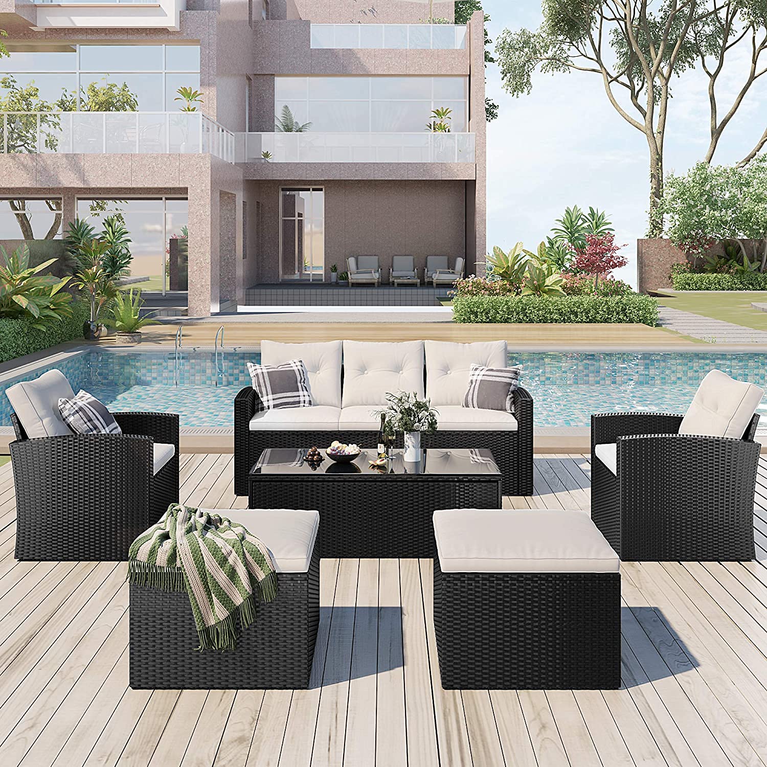 DEVOKO 6 Piece Outdoor Conversation Set All Weather Wicker Sectional Sofa Water Resistant Cushion with Ottoman and Glass Top Table for Garden, Deck, Porch, Poolside (Black & White)