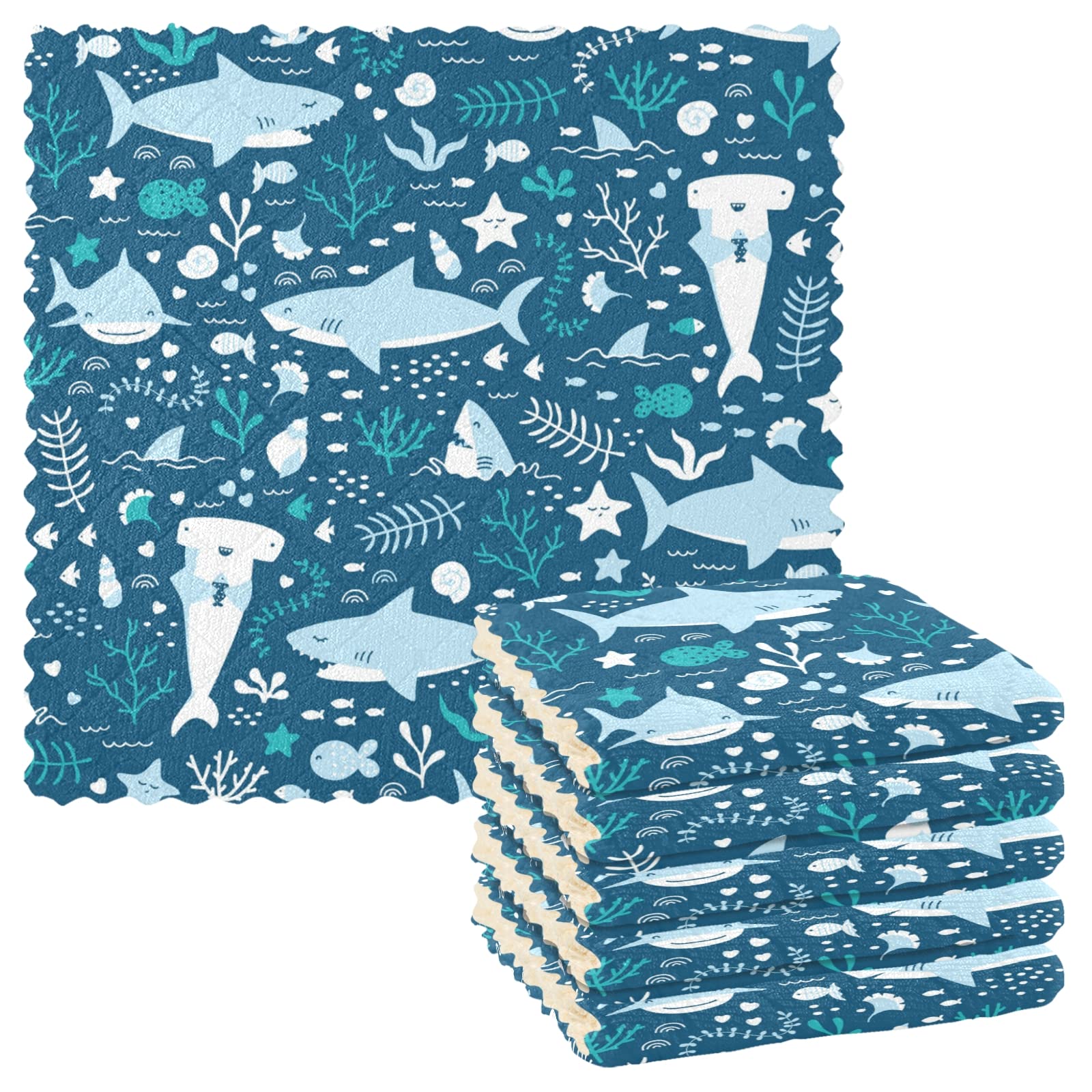 Mnsruu Kitchen Dish Cloth Cute Sharks 6 Pack Tea Towels Polyester Dish Towels Hand Towel for Kitchen