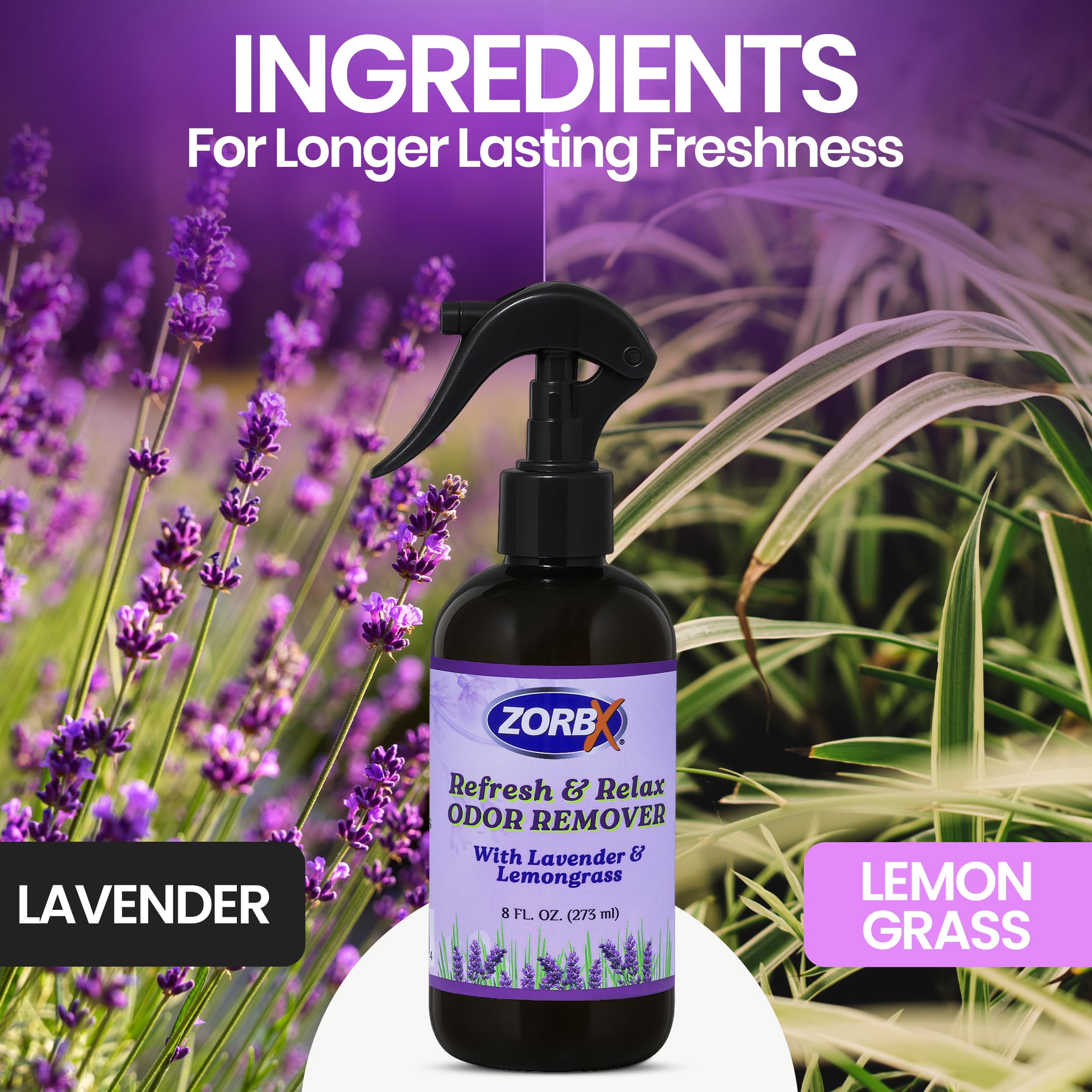 Zorbx Refresh & Relax Geruchsentferner Spray mit Lavendel und Zitronengras – Lufterfrischer, Geruchsabsorber für Zuhause, Kleidung, Küche, Zimmer, Stoff, Möbel, Autos (250 ml, 2 Stück)