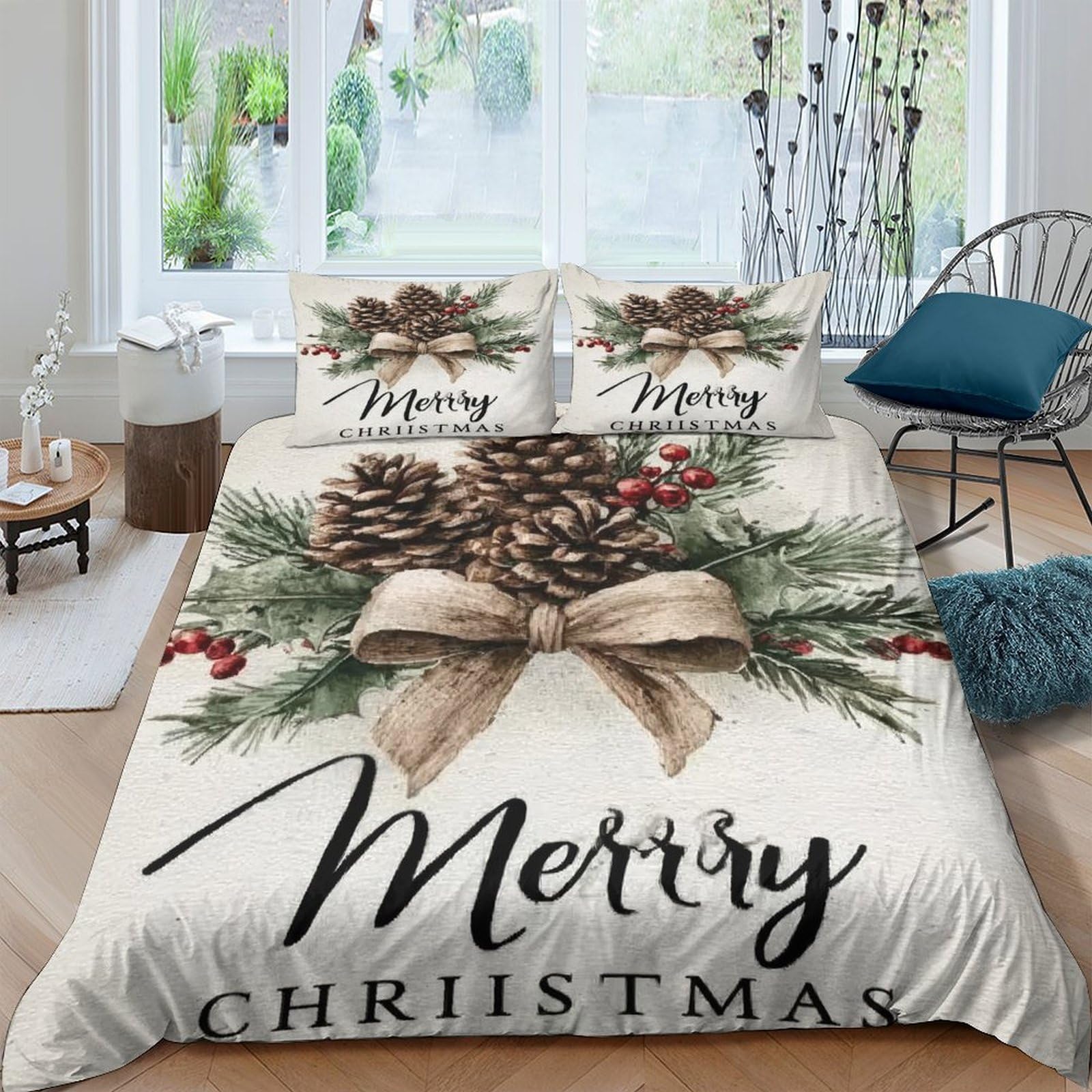 Ctjqhvkz Style-5 3D Printed Pinecone Bow Fitted Sheet Microfiber Soft Christmas Garland Bed Cover For Bedroom Dorm Easy Care Single（135X200cm）
