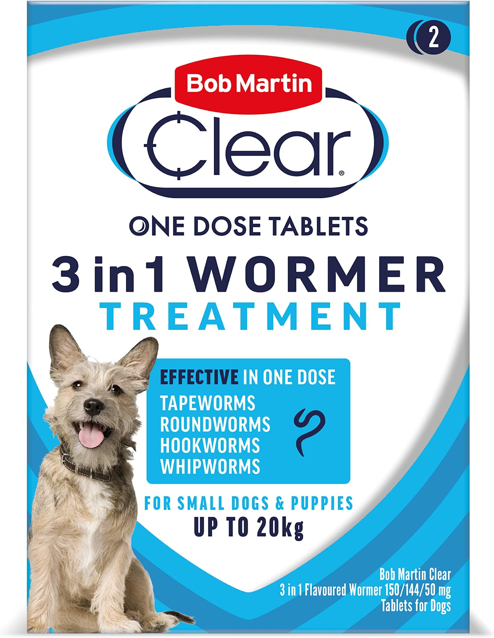 Bob Martin Clear 3-in-1 Wormer for Dogs (2 Tablets) - For Small Dogs and Puppies up to 20kg, Clinically Proven Treatment