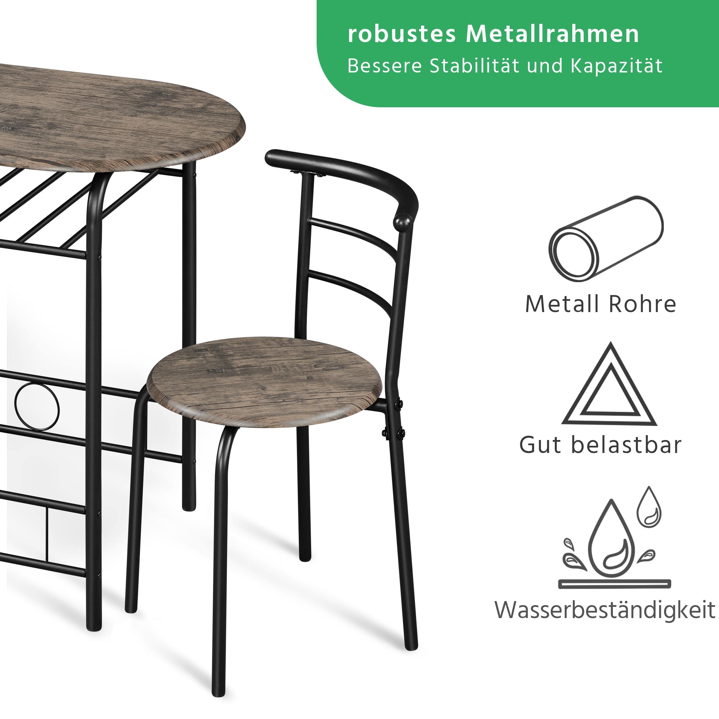 Yaheetech Essgruppe für 2 Personen, 1 Esstisch mit 2 Stühle, Küchentisch mit Ablagefach, Stahlgestell Tischgruppe für Küche, Wohnzimmer, Balkon, Restaurant, 80 x 53 x 75,5 cm, Drift Braun