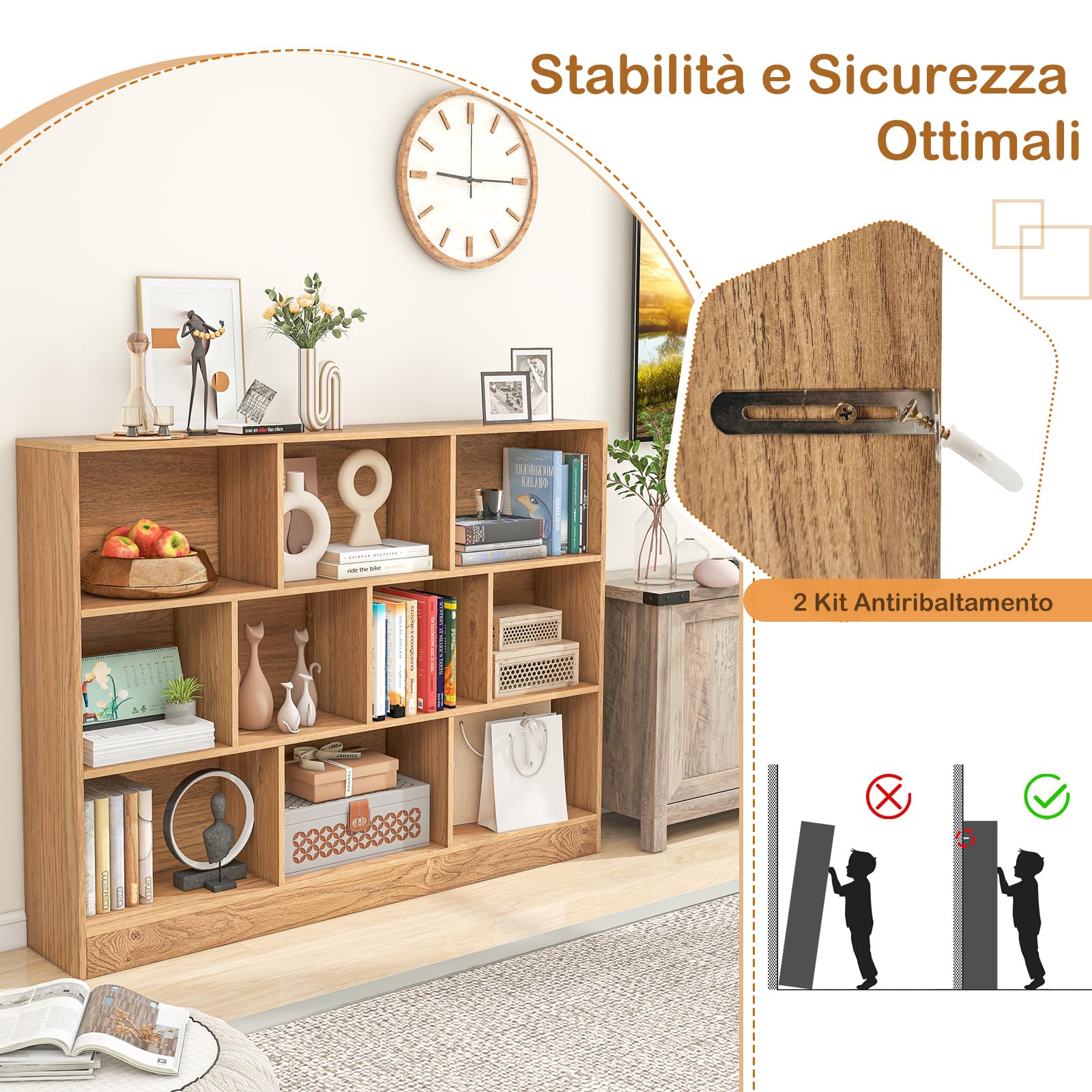 GYMAX Libreria a 10 Cubi Aperti, Scaffale Autoportante da Pavimento, Kit Anti-Ribaltamento, Organizzatore di Archiviazione 3 Livelli per Soggiorno Camera da Letto Ufficio (Naturale, 140 x 24 x 104 cm)