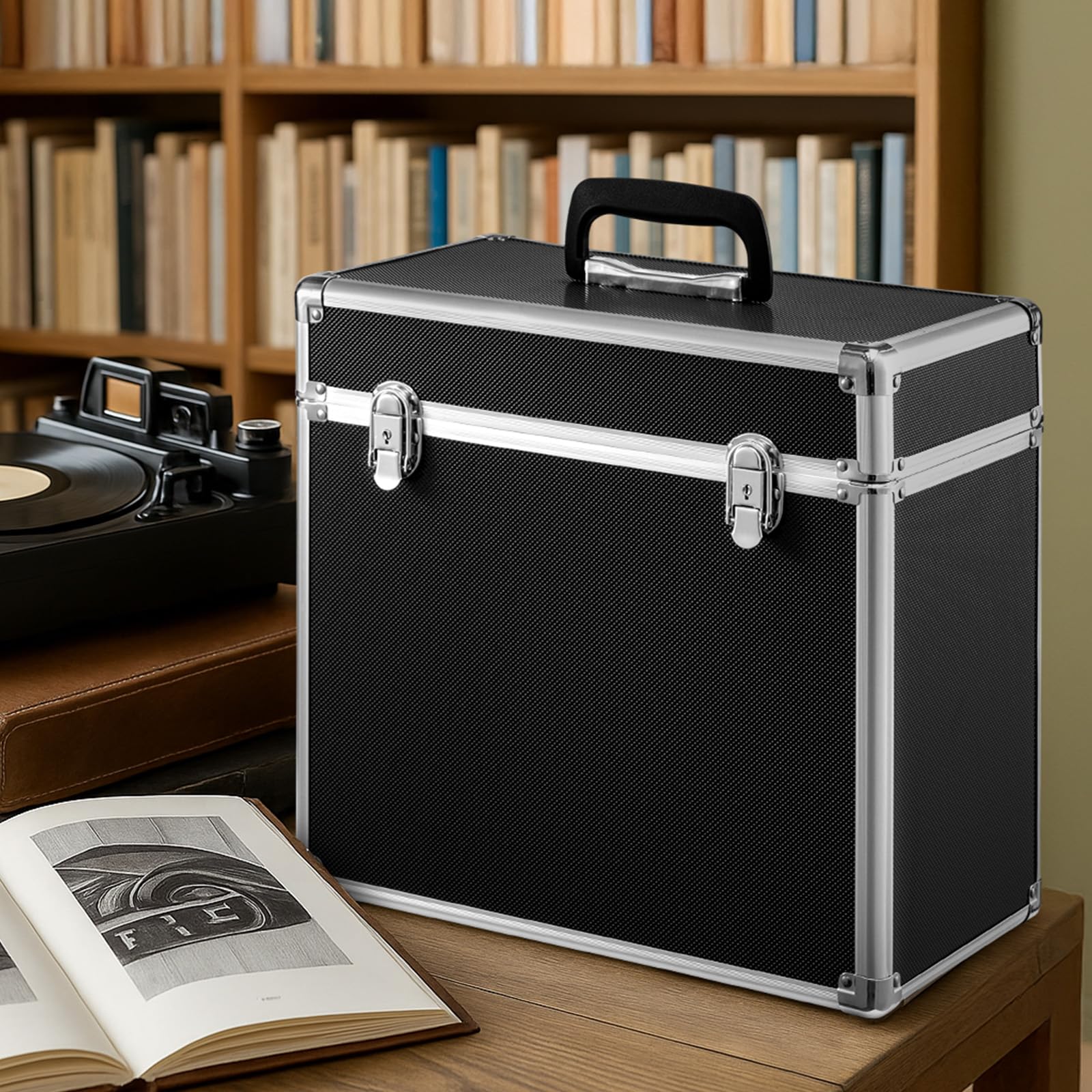 Trintion Schallplatten Aufbewahrung 50 LP Plattenkoffer Schallplattenkoffer Tragbarer Abschließbarer Vinyl Koffer für 12-Zoll Schallplatten Schutzbox mit Transportfunktion Record Case Schwarz
