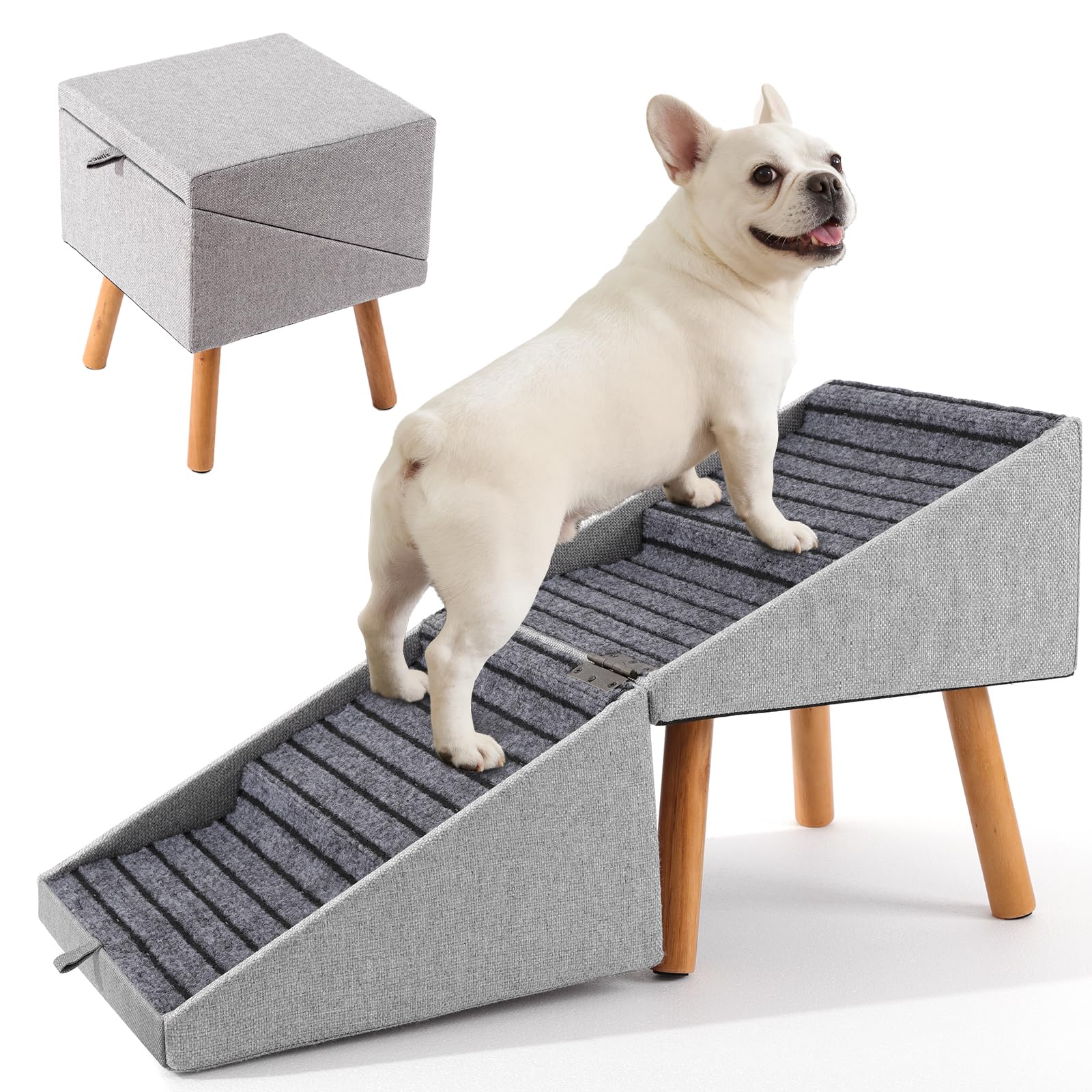 Escalier pour Chiens et Chats 2 en 1, 4 Marches Rampe et Marches pour Canapé Lit, Pente Douce Protège Articulations, Antidérapant(Gris Clair - 43,5 cm Haut)