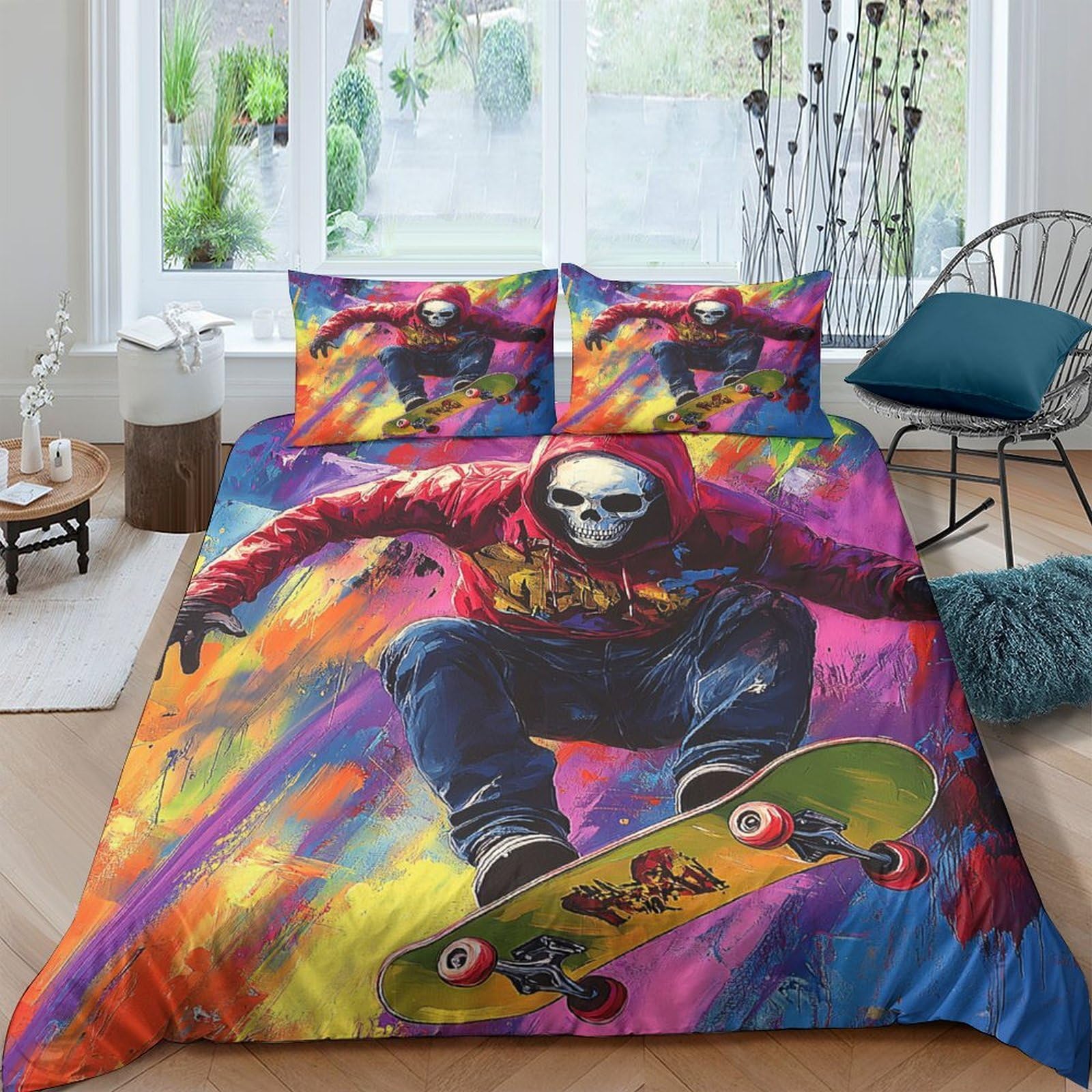 Ctjqhvkz Style-2 3D Printed Graffiti Skateboard Fitted Sheet Microfiber Colorful Street Art Bed Cover For Bedroom Dorm Mattress Decoration Single（135X200cm）