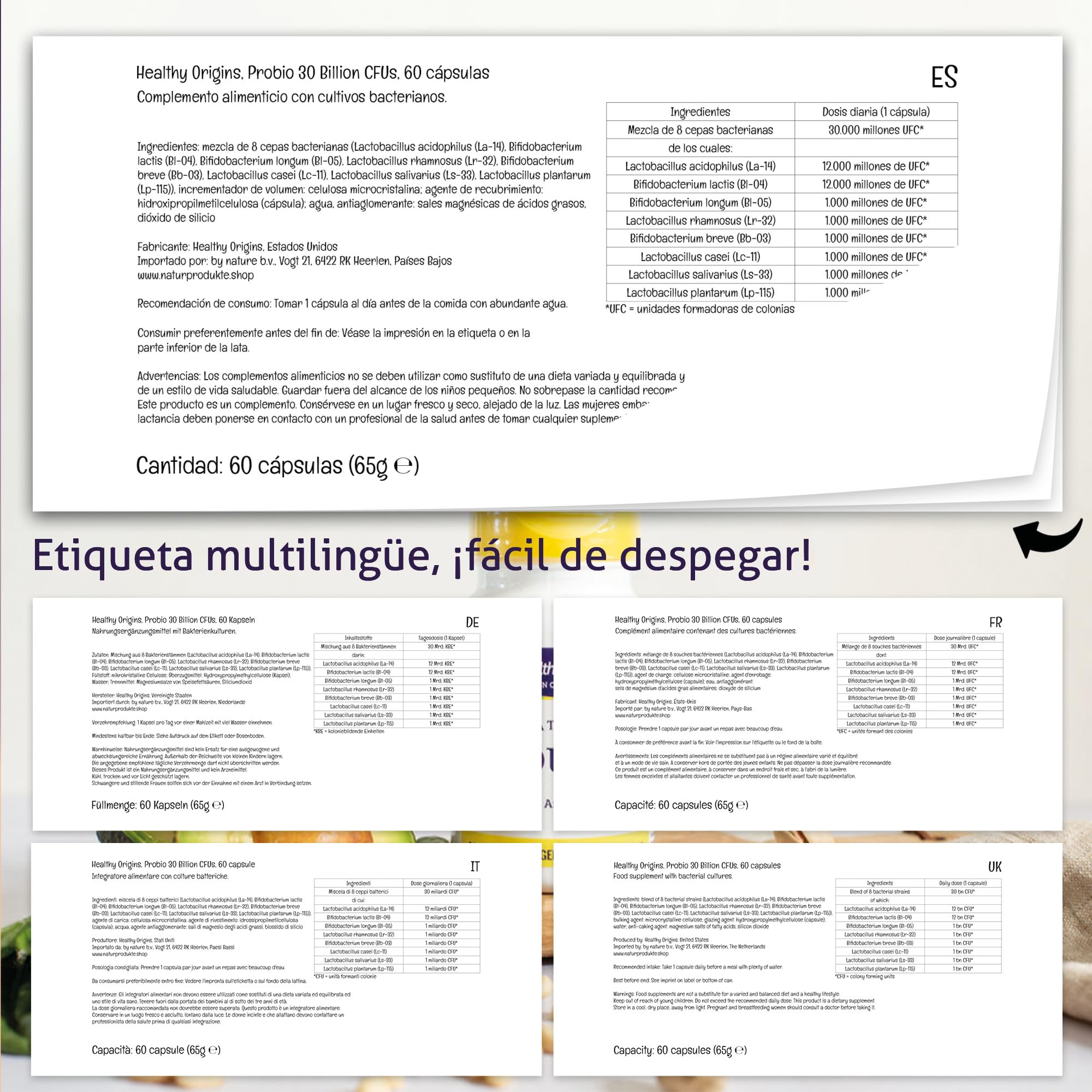 Healthy Origins, Probi, 8 Cepas de Bacterias, 30 Mil Millones de Cultivos Bacterianos por Cápsula, 60 Cápsulas vegetales, Probado en Laboratorio, Sin Soja, Vegetariano, Sin Gluten, No GMO