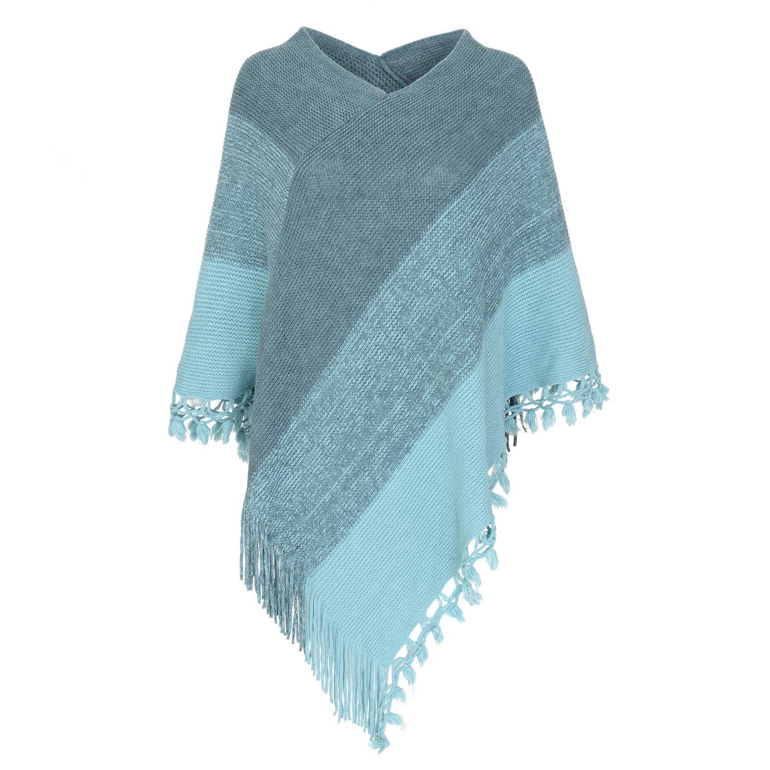 Fomolom Women Striped Poncho with Tassels Knitted Shawl Scarf Fringed Wrap Sweater Pullover Cape Gifts for Women
