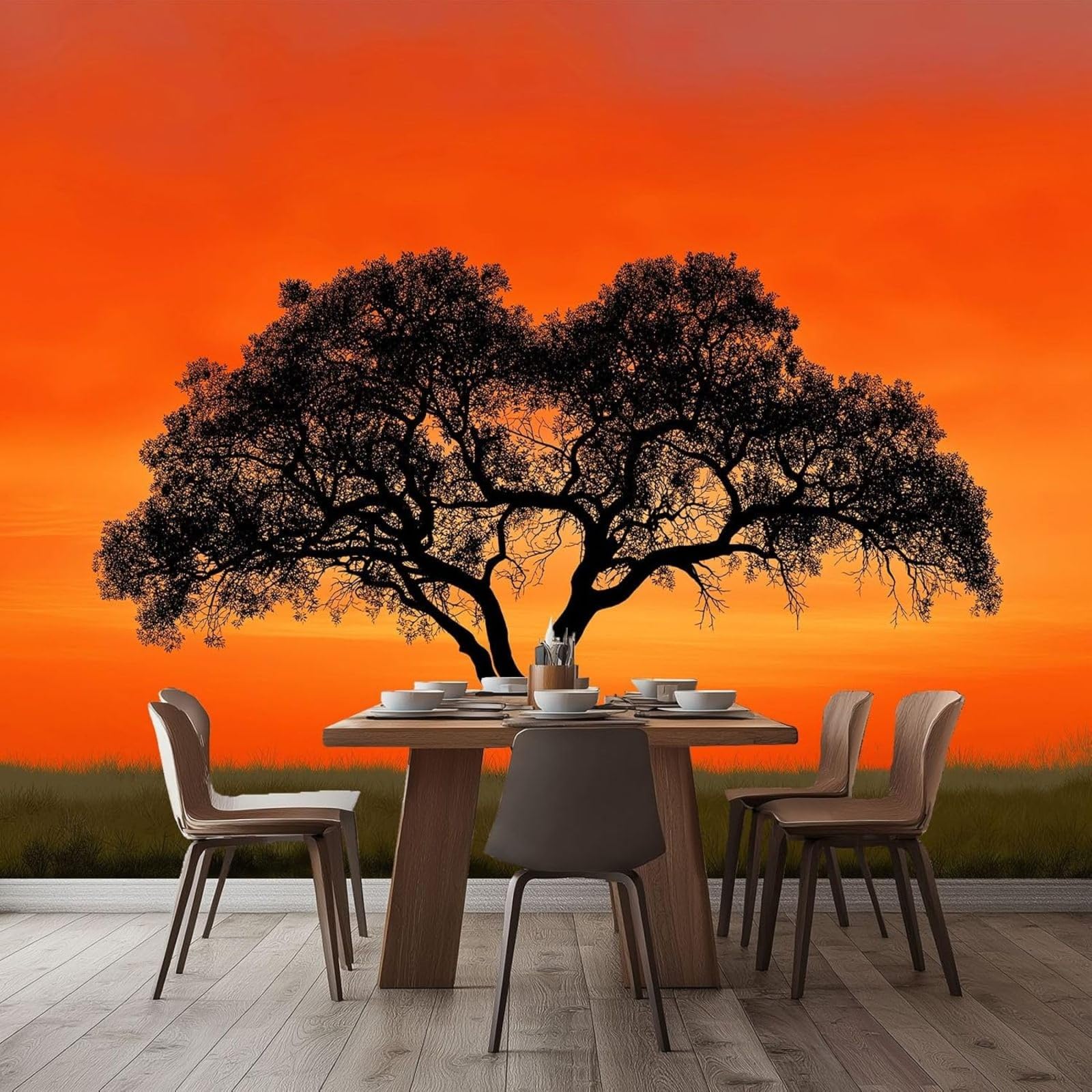 Desert Sunset Photo Wallpaper, Orange Color, Grassland, Large Tree, Non-woven Wallpaper for Living Room, Bedroom, Children's Room – Wall Decoration, 400cm x 280cm Stickers - Frameless Painting - Poste