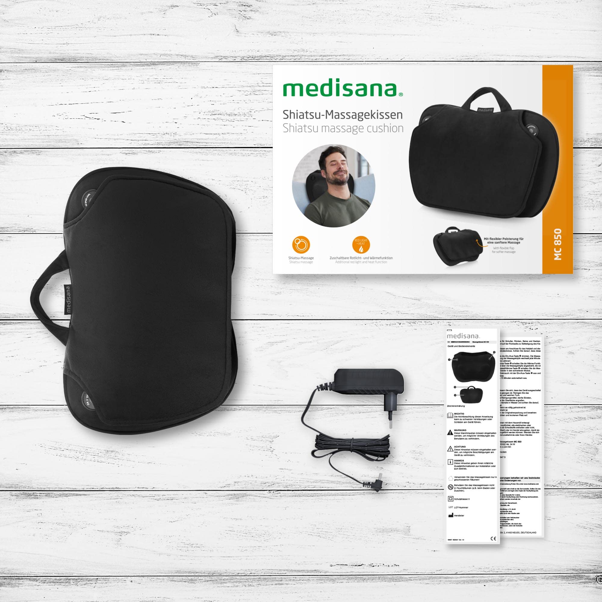 Medisana MC 850 Coussin de massage Shiatsu, avec fonction chaleur, 4 têtes de massage rotatives, fonction lumière rouge, sans télécommande, pour la nuque, les épaules, le dos et les jambes