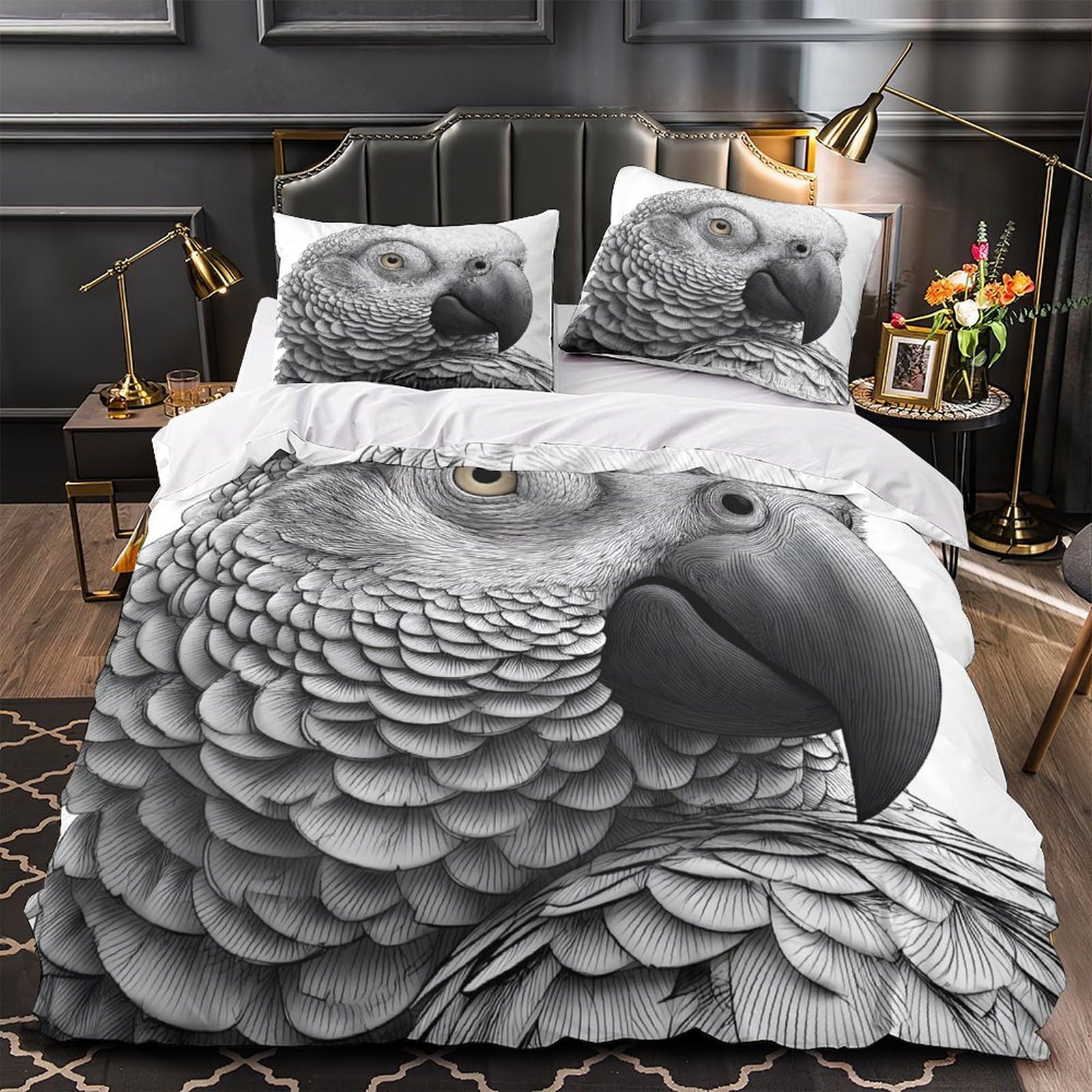 MMDASBVPE African Parrot Comforter Cover 3D Design Printed Durable 3 Pcs Bedding Set Zipper realistic Sketch Duvet Cover Luxury Washable for Kids Girls Boys Adults Women Teens Single（135x200cm）
