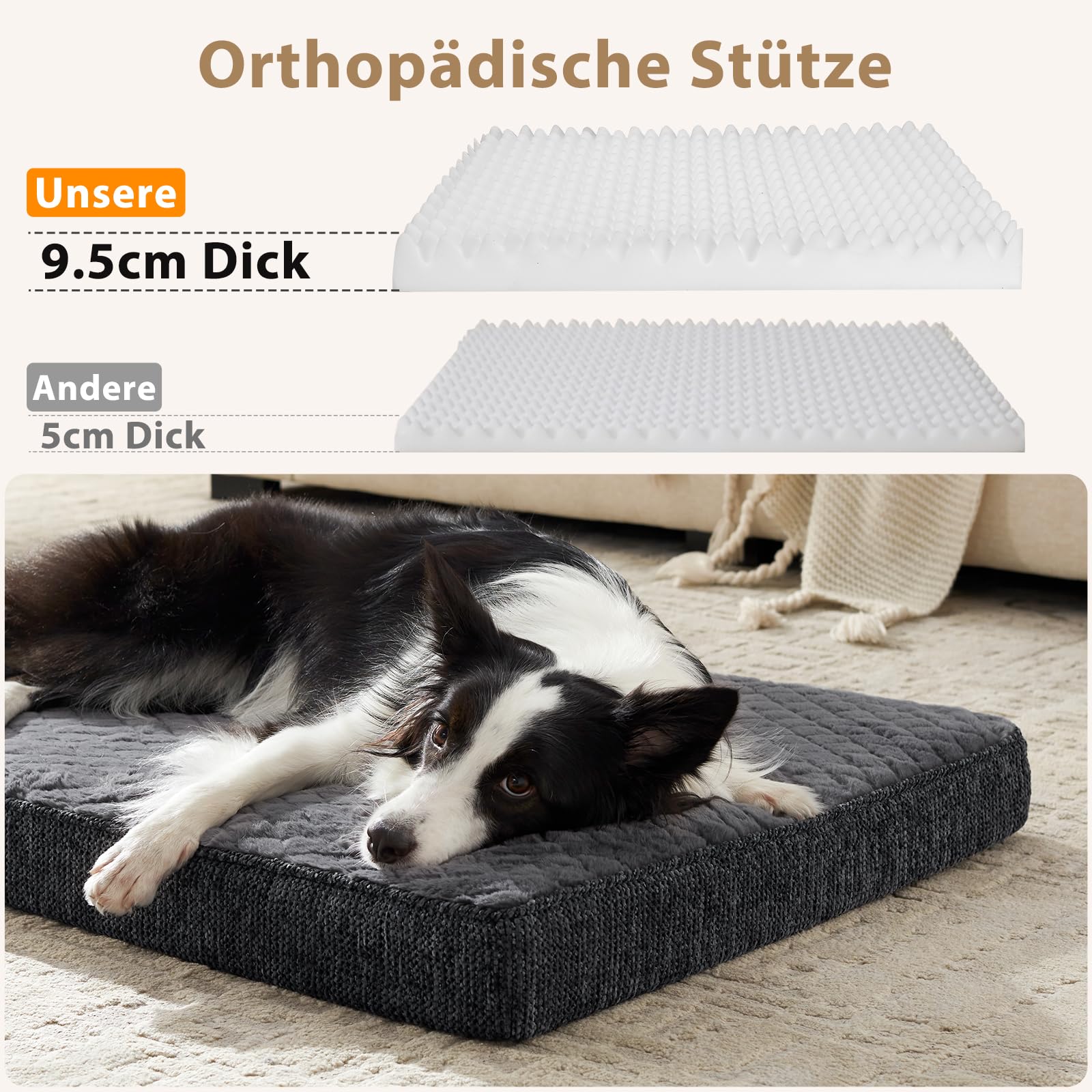 JOEJOY Orthopädisches Hundebett Grosse Hunde,XL Hundekissen Waschbar Flauschig Hundematte, Hundematratze für Große Hunde, rutschfeste Unterseite, 104x69x9.5cm
