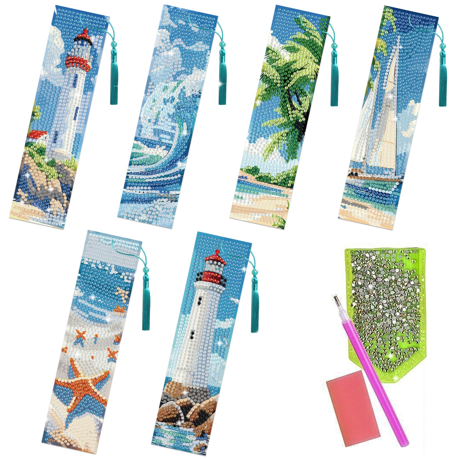 beinkmake 6Pcs Ocean 5D Diamond Art Bookmarks Holiday Sea Diamond DIY Painting Bookmarks Lighthouse Sailboat Beach Starfish Rhinestones Beaded Acrylic
