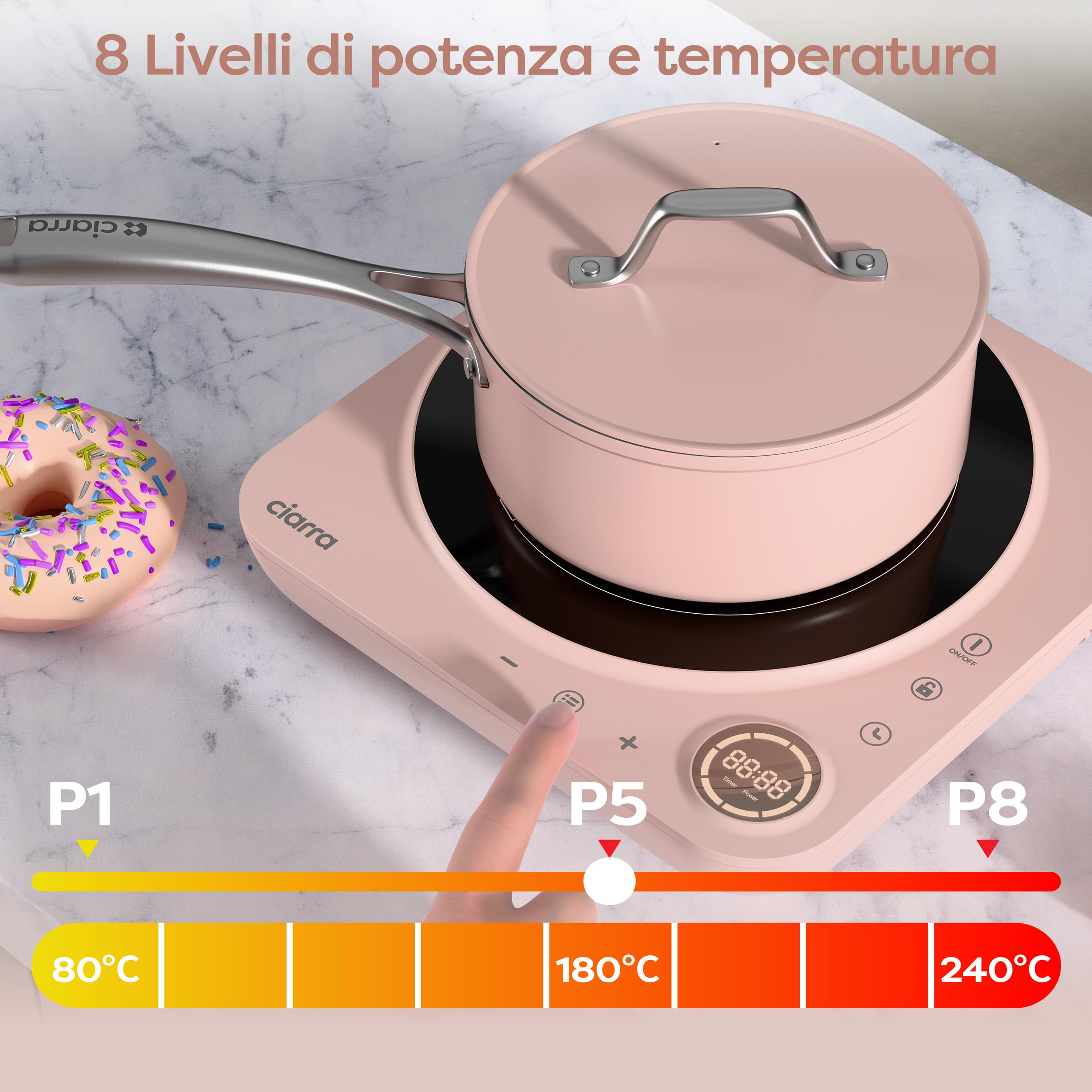 CIARRA CAPTIH1-P Plaque Induction 1 Feu, Plaque à Induction Portable 8 Niveaux 2 000 W éCran Tactile Minuteur Design En Verre Haute RéSistance, Rose