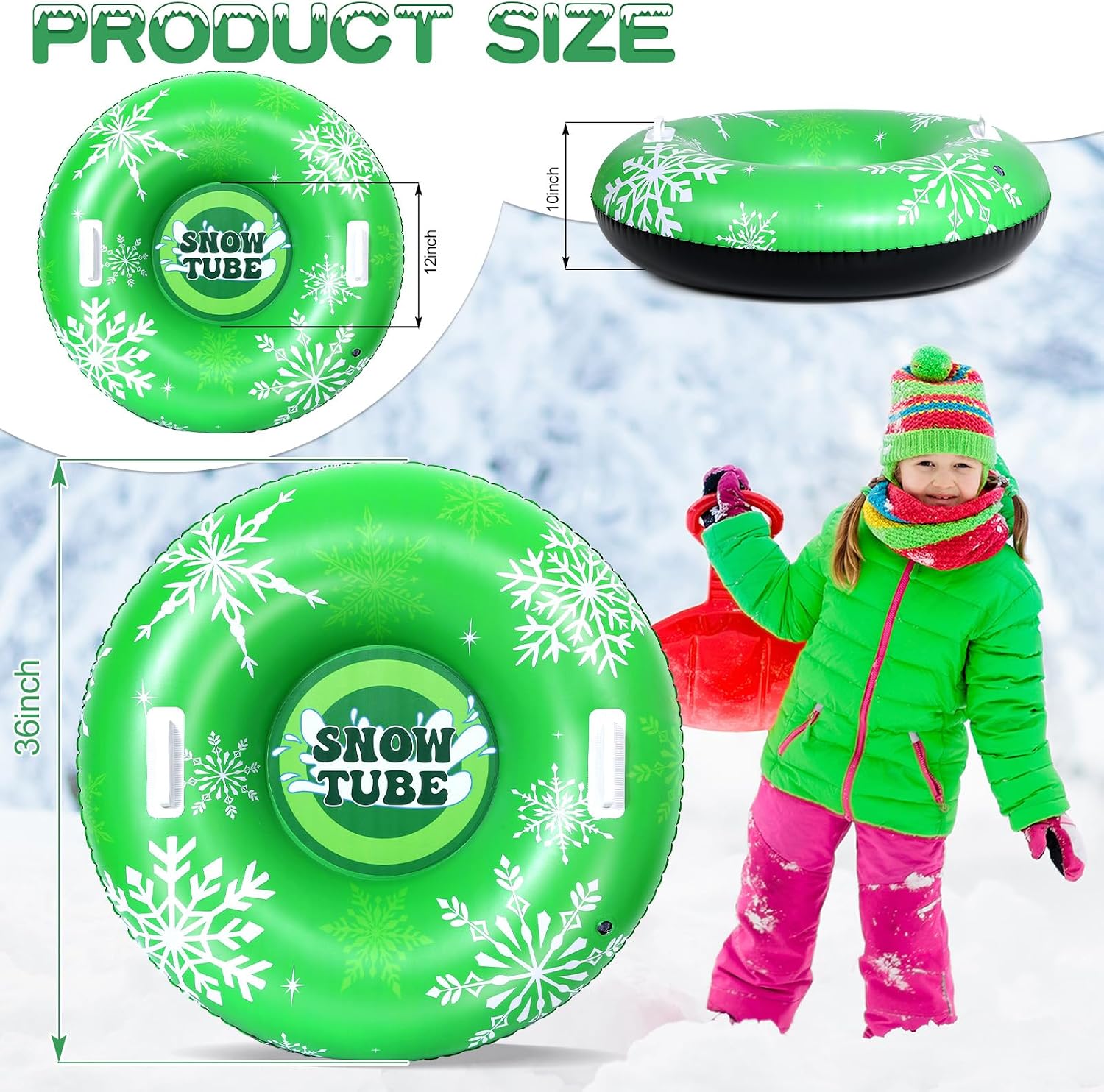 Snow Tube 36" Inflatable Snow Sled for Adult Thickened Heavy Duty Hard Bottom Sleds with Handles Outdoor Winter Toys for Outdoor Sledding Sports Gift Supplies (Green Snowflake)