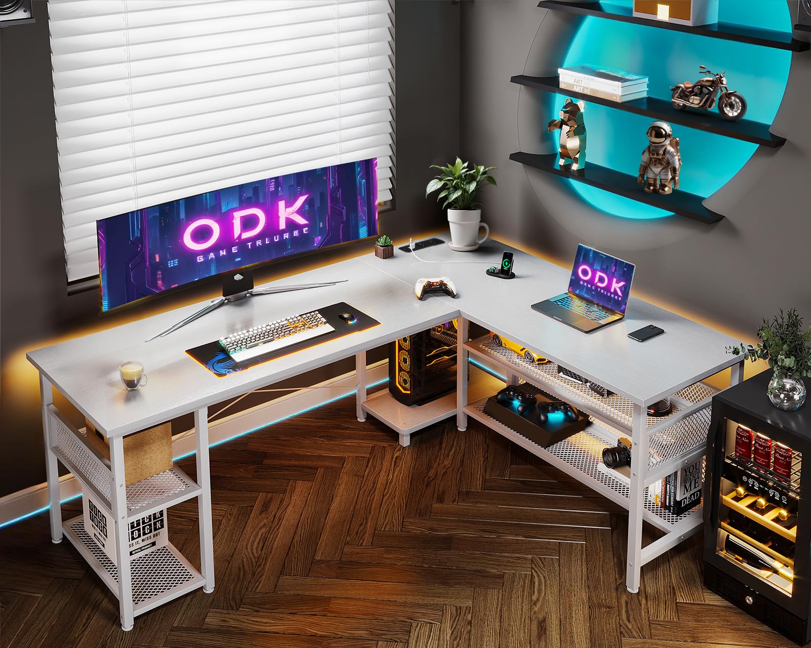 ODK Scrivania Gaming ad L con Design Reversibile, Scrivania con Ampio Spazio di Archiviazione, Scrivania ad Angolo con 2 Prese e 2 Porte USB, Bianco, 168×120cm