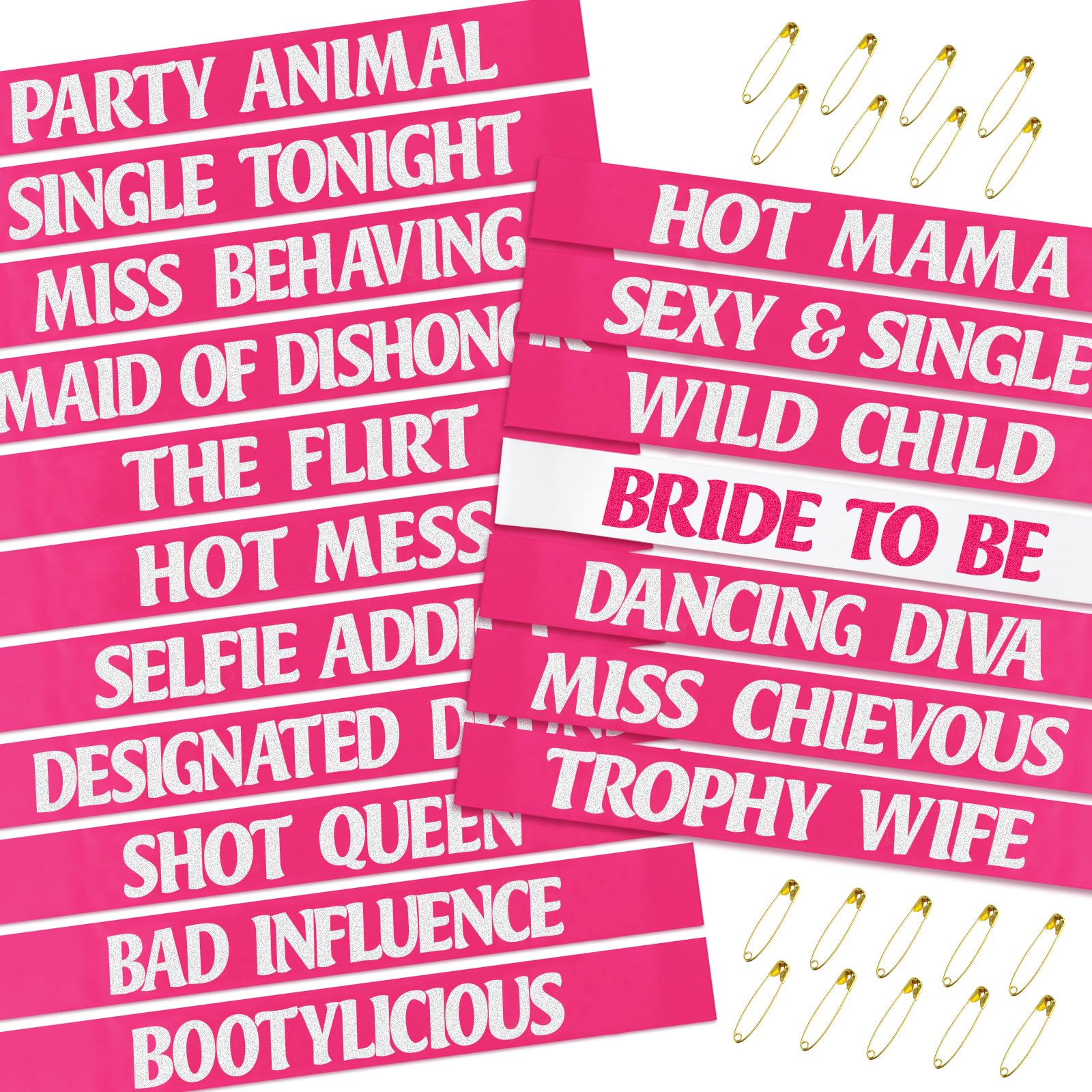 18 Pcs Bachelorette Sashes Set, 1 Pcs White Hot Pink Bride to be Sash and 17 Pcs Pink Silver Team Bride Tribe Sashes for Bridal Shower Engagement