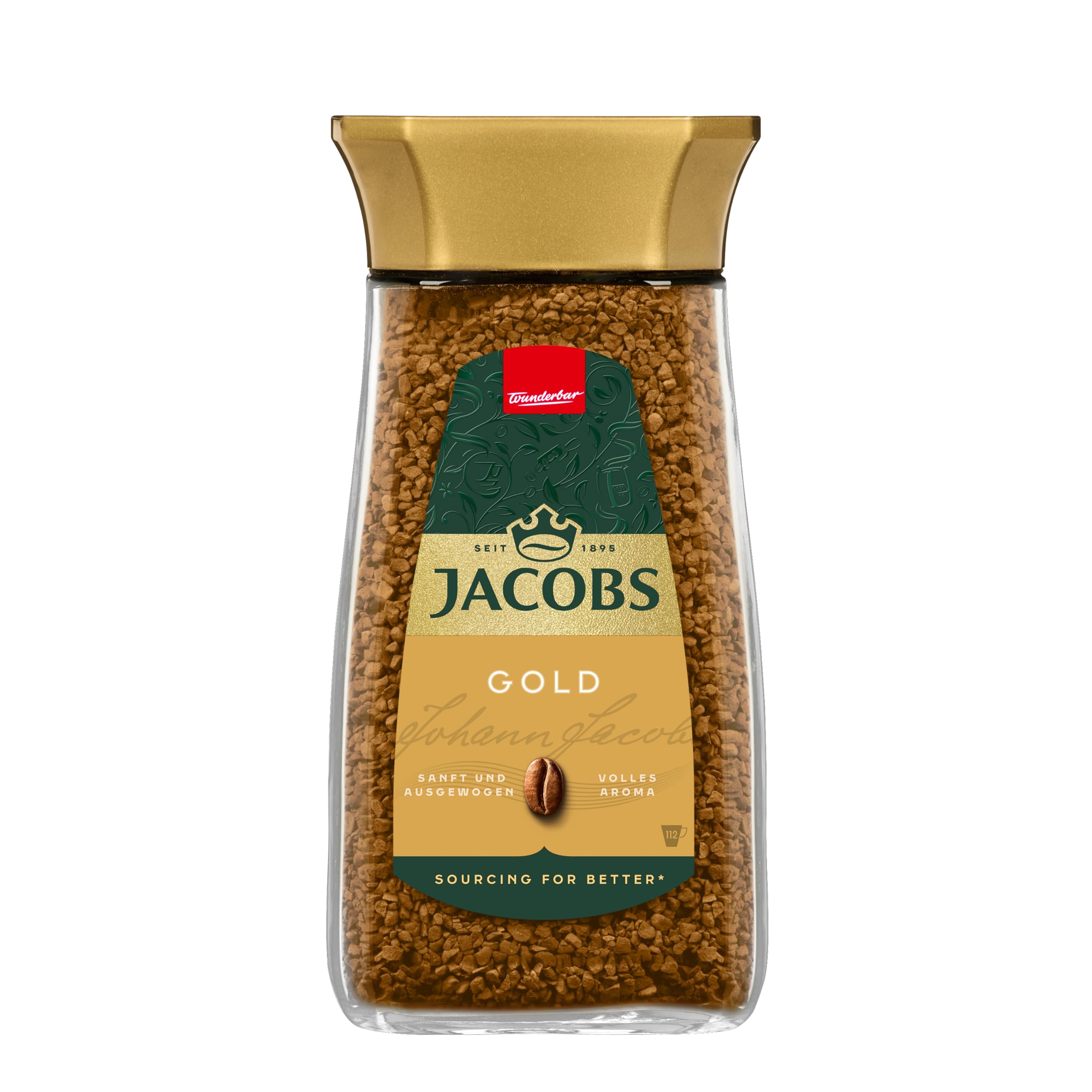 Jacobs Gold löslicher Bohnenkaffee, Instant Kaffee, 200 g im Glas, für 112 Getränke