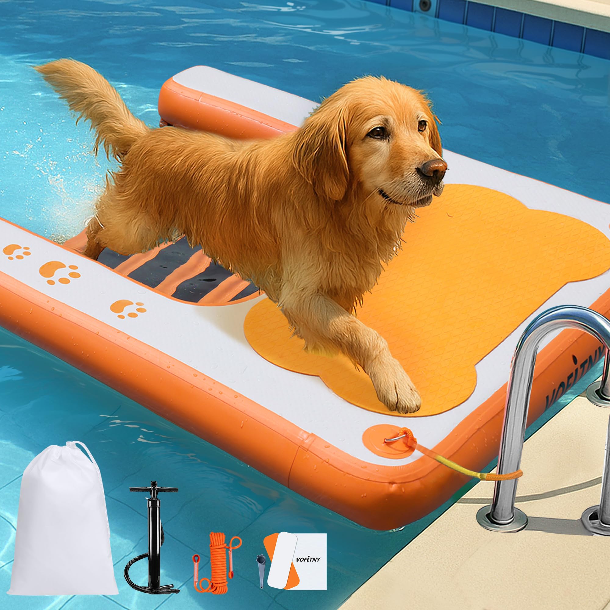 VOFiTNY Rampa da piscina per cani fino a 90,7 kg, 2025 nuove rampe per cani con cuscinetto antiscivolo in EVA e scala per pesi, gradini per cuccioli per piscina/barca/pontile/mare, dock arancione per