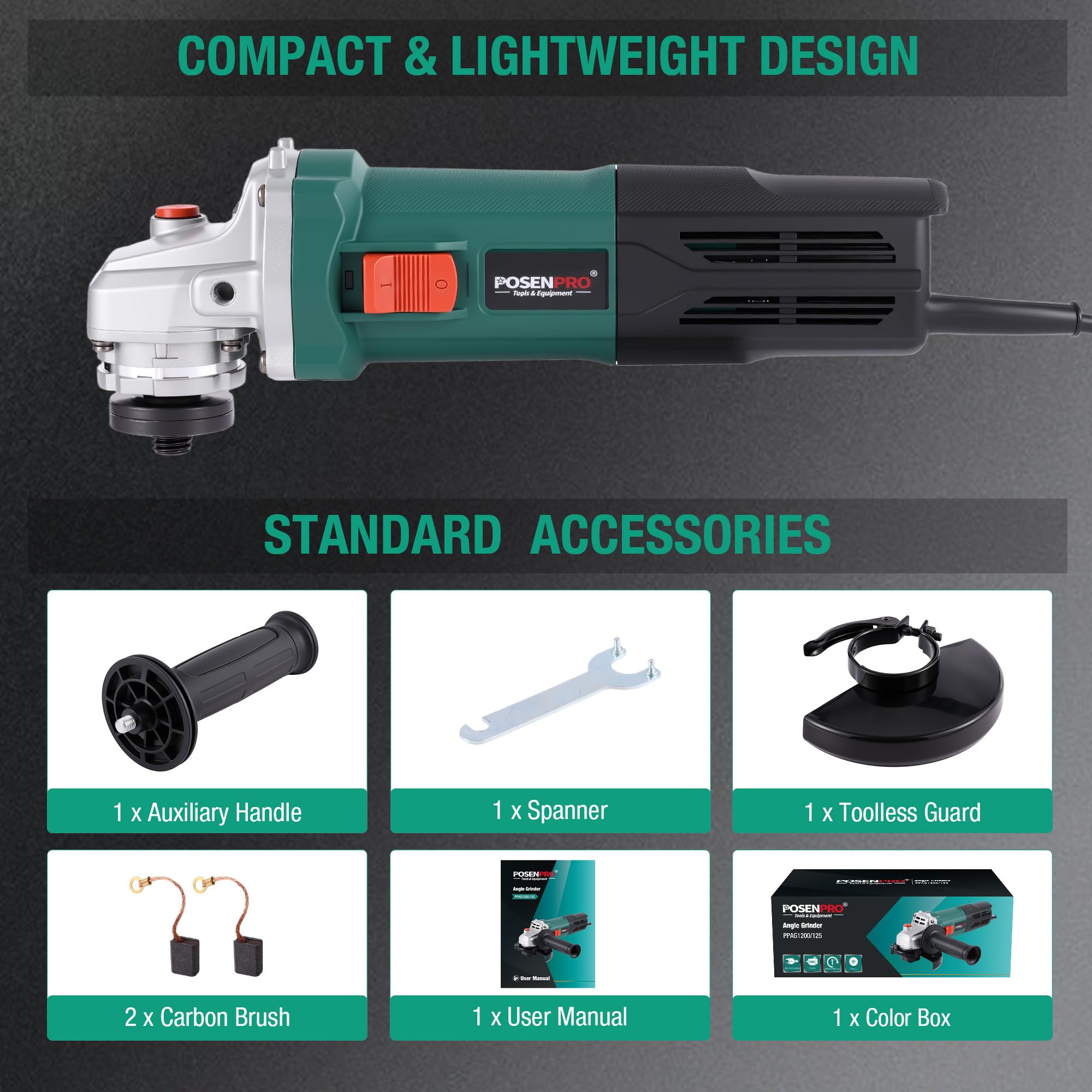 POSENPRO Professional Smerigliatrice Angolare 1200 W, Ø Disco: 125 mm, 3000-12.000 giri/min con 6 Velocità, con Bloccaggio Rapido, Filtro Antipolvere, per Smerigliare, Lucidare e Levigare