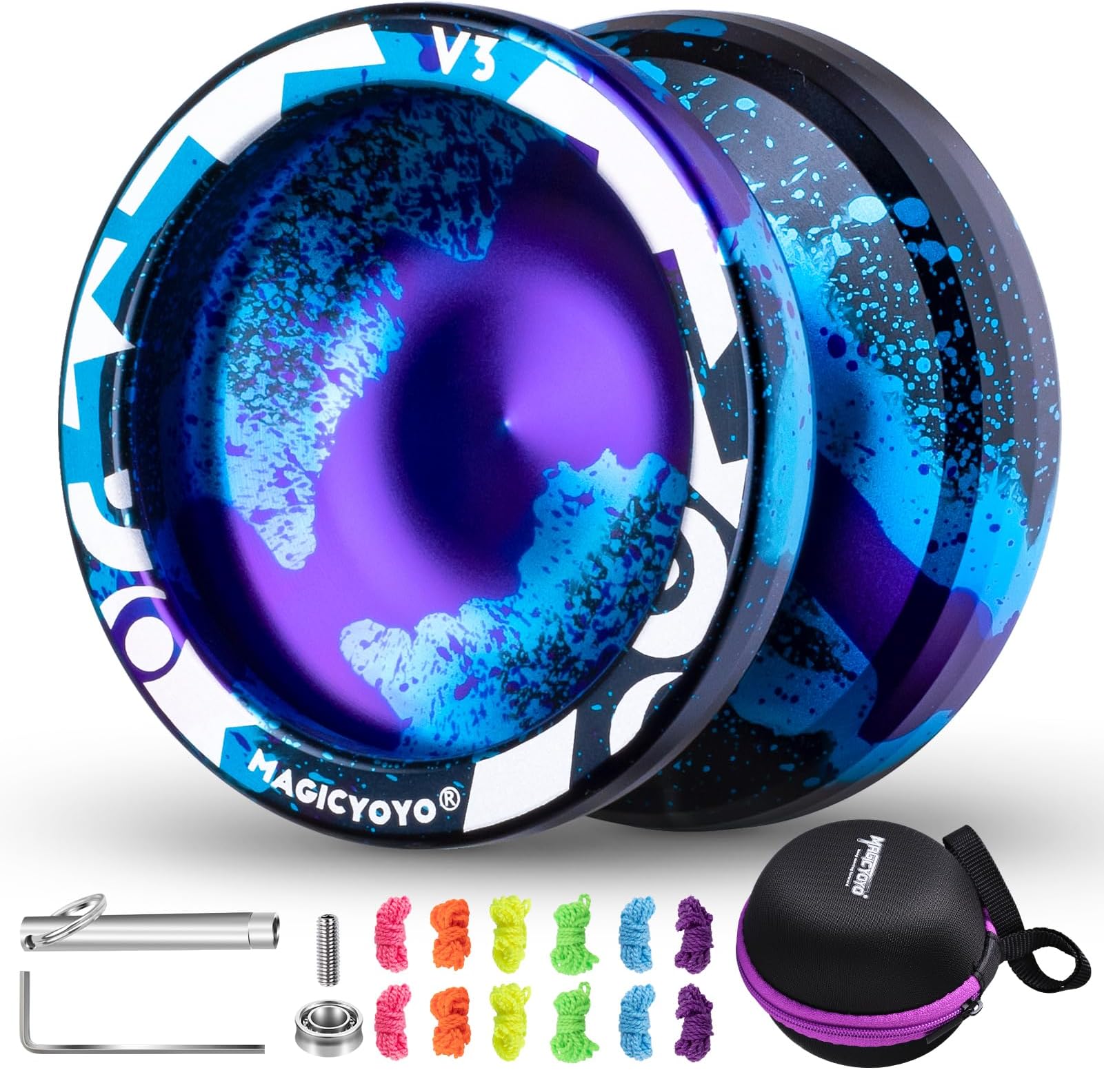 MAGICYOYO Responsive Yoyo V3, Professional Metal Yoyo for Kids Beginner, Aluminum Alloy Yo yo with Unresponsive Bearing + Bearing Removal Tool + Axle + Bag + 12 Yo-yo Strings (Black Blue Purple)