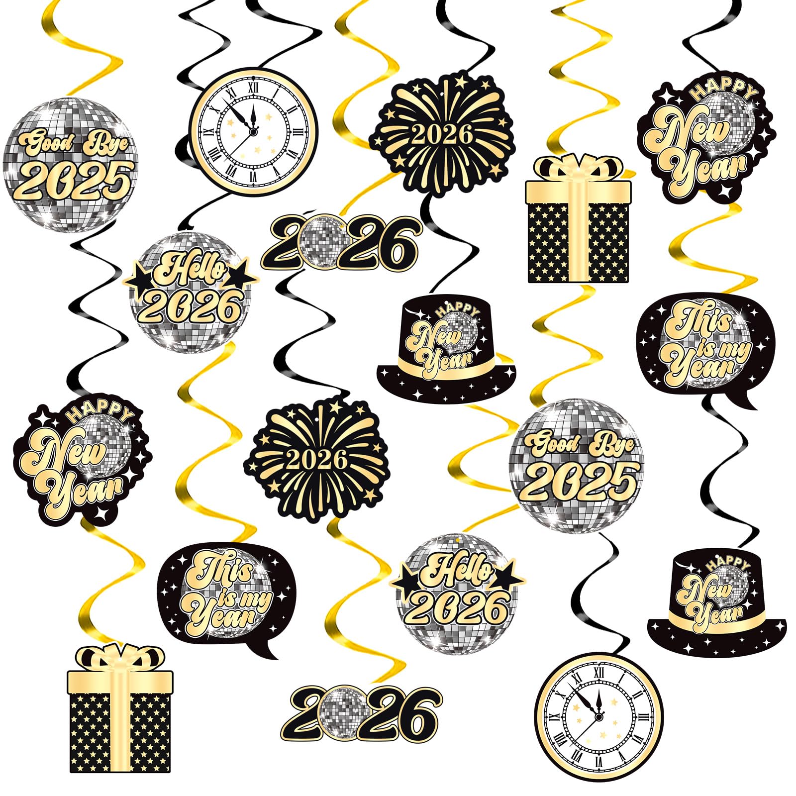 YQUQWN, 42 Stück Disco Happy New Year Hängende Wirbel Dekorationen 2024, kein DIY, Disco-Party-Dekorationen, Happy New Year Dekorationen 2024, Silvester Dekorationen 2024, Silvester Dekorationen 2024