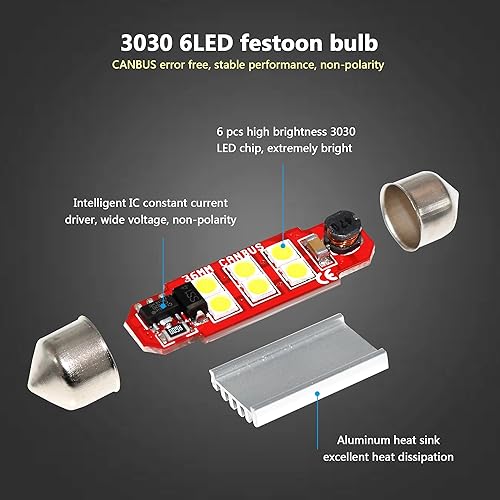 Miniatura 2 de PHINLION 6418 - Bombillas LED blancas festoon de 1.417 in, superbrillantes, 500 lúmenes 3030 6-SMD Canbus C5W 6461 DE3425 DE3423, repuesto para