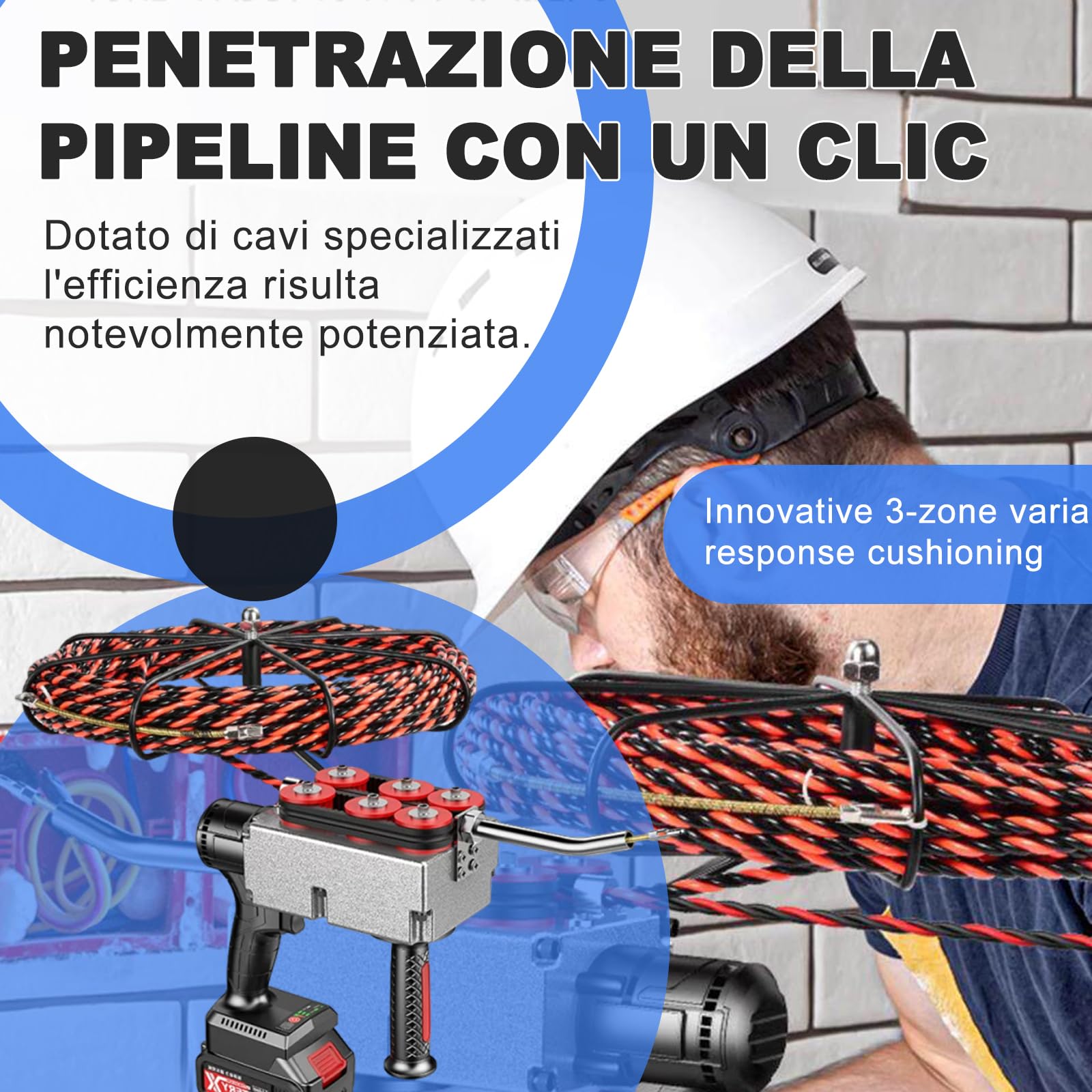 40m/Min – Macchina per Cablaggio Tubazioni – Sonda Passacavi Elettrica Professionale, per Cavi in Tubi Edilizia/Reti – Infilatubi Elettrico con Batteria Ricaricabile 1.5-2h – 30m