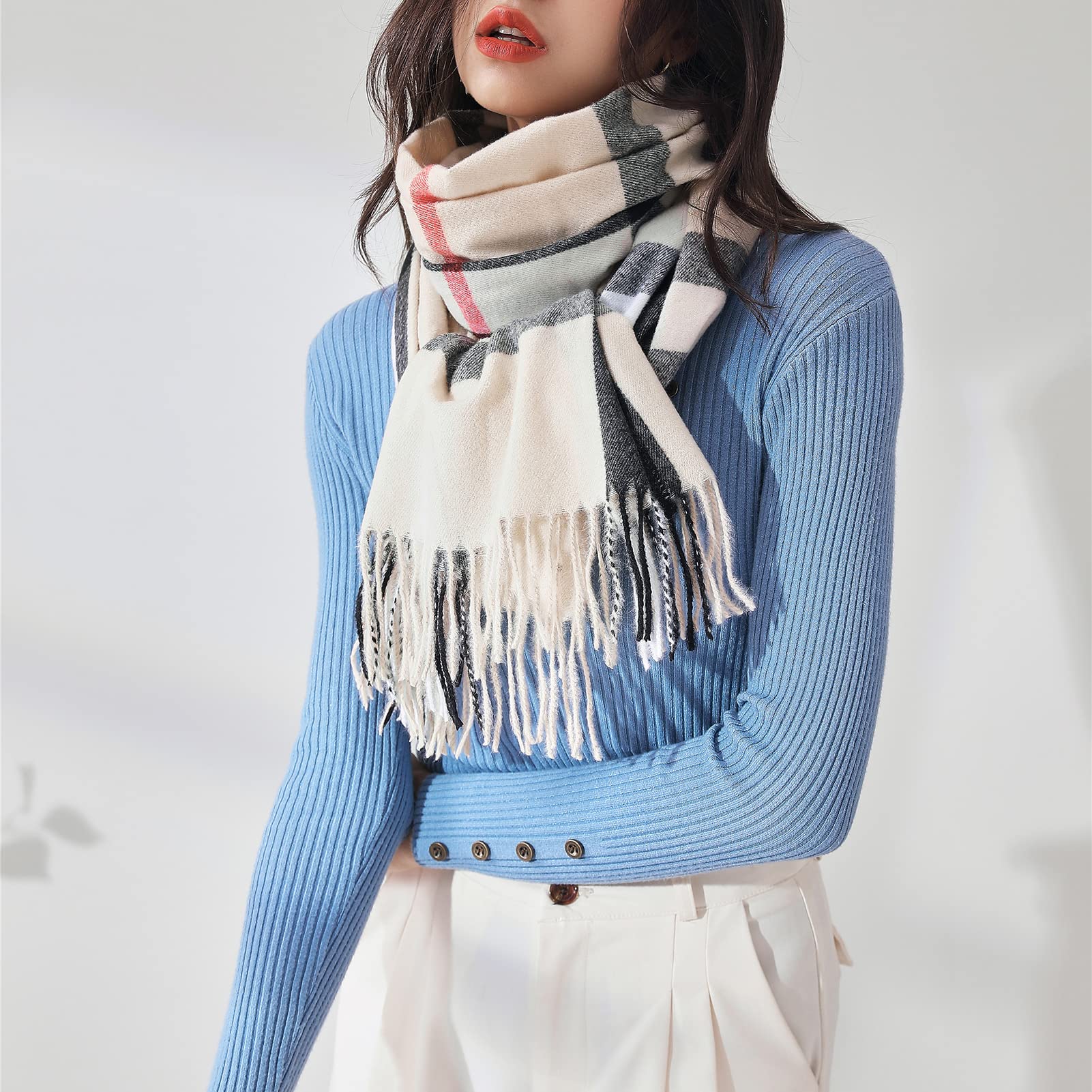 Écharpe Femme Tartan Imitation Cachemire – 190x70cm – Pompons – Chaude Et Légère – Pour Automne/hiver