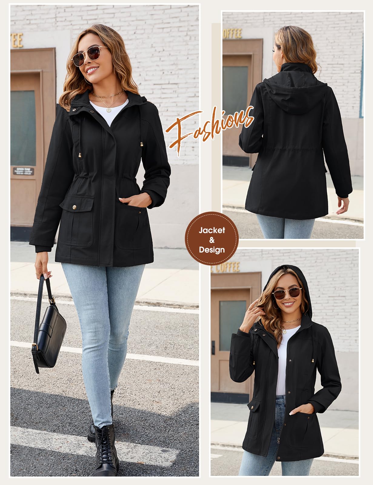 Vancavoo Übergangsjacke Damen Jacke Outdoor Kurzmantel Frühjahr Elegant Frühjahrsjacke Leichte Gefütterte Herbstjacke Baumwolle Damenjacke mit Kapuze mit Kordelzug