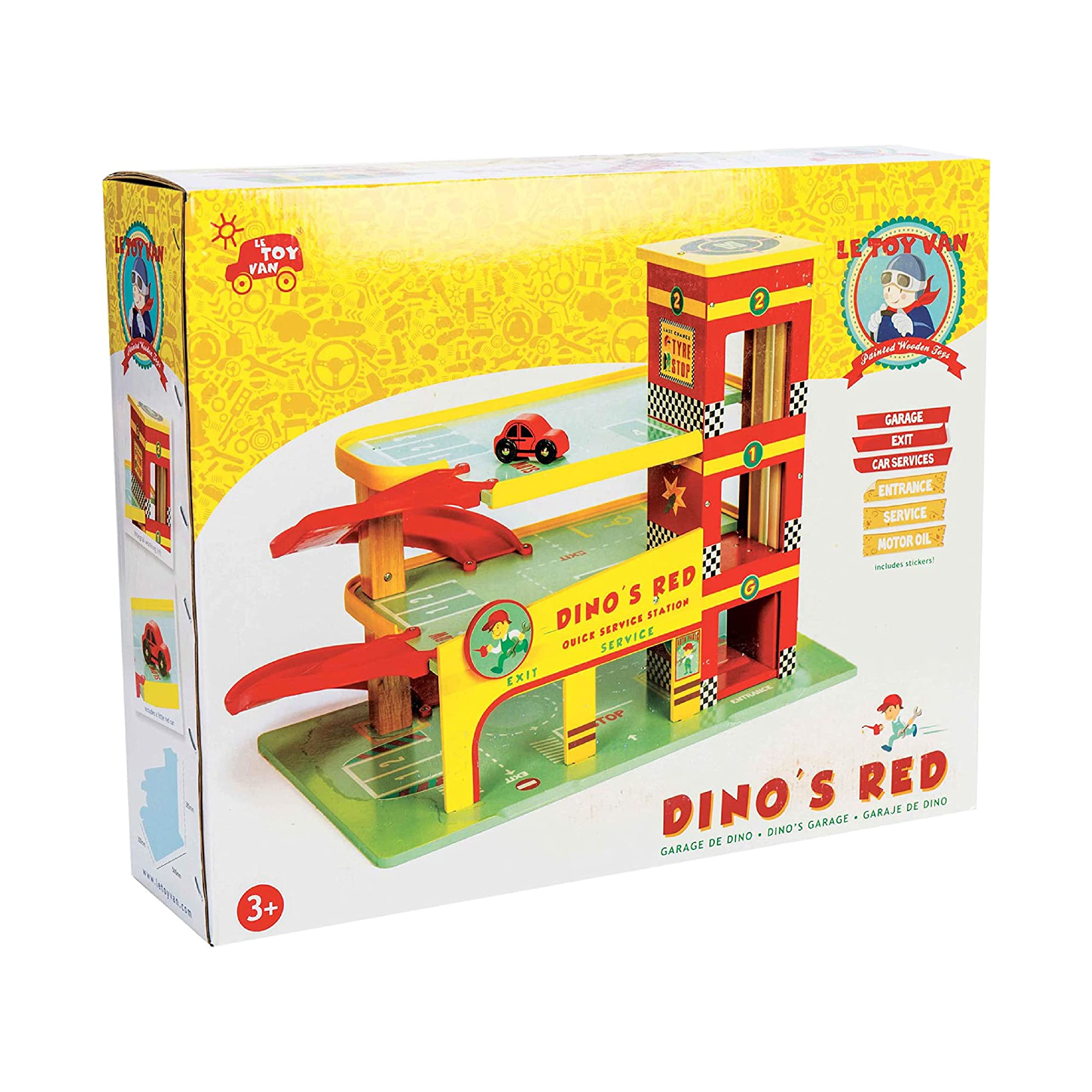 Le Toy Van - Iconic Wooden 3 Storey Dino's Toy Garage Toy Car Play Set - Set 7 Pieces , Play Vehicle Role Play Toys - Suitable For 3 Year Old