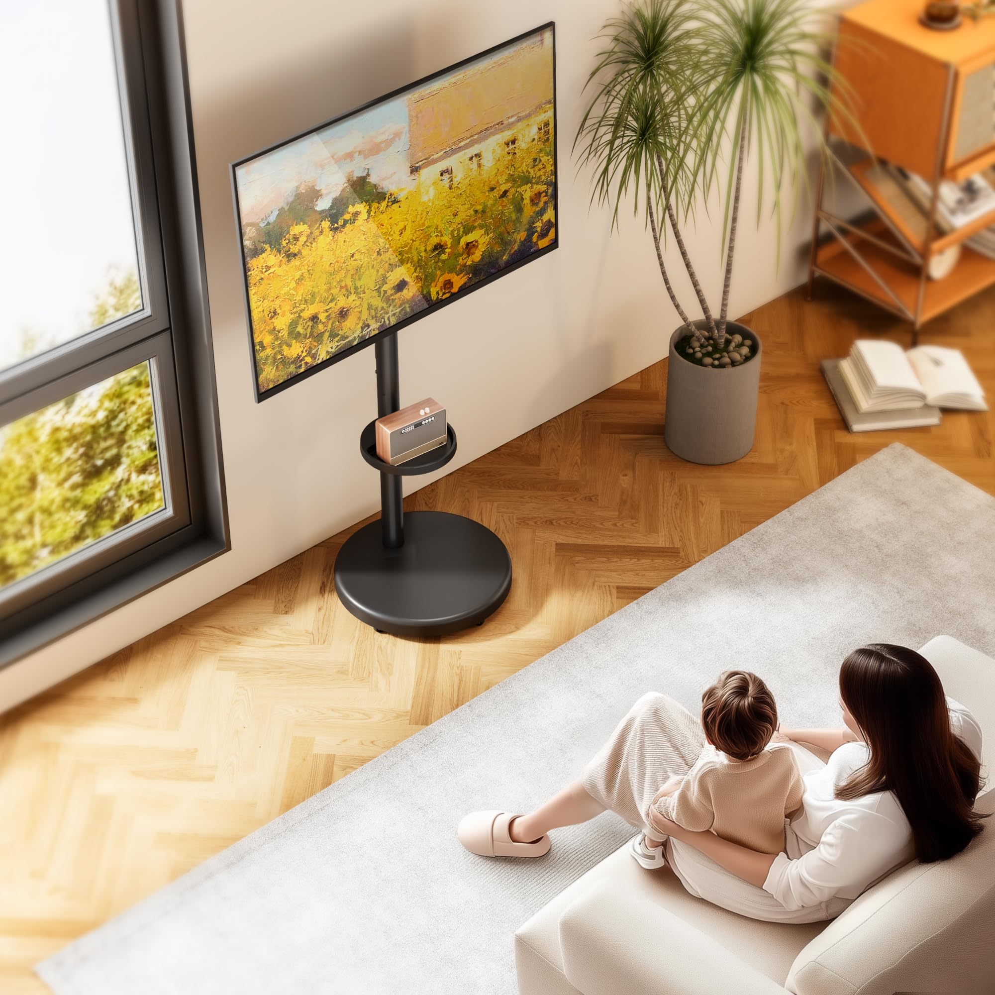 Soporte de TV ajustable con ruedas para televisores de 37 a 86 pulgadas, capacidad de carga de 50 kg, formato vertical y horizontal, carrito de TV móvil estable con estante, máx. VESA 600 x