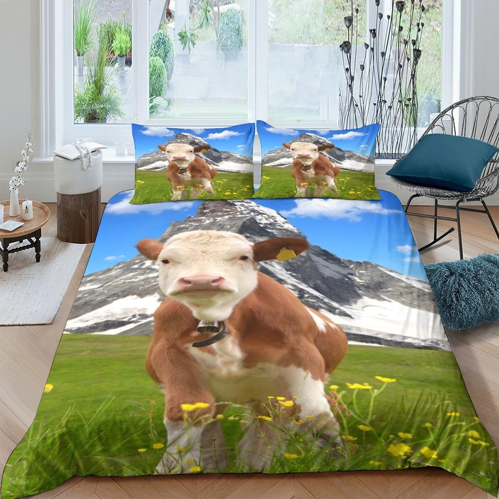 TUFRTGYHN 3D Printed Cow Pasture Duvet Cover Microfiber Soft Mountain Scenery Quilt Cover Set with 2 Pillowcases for Bedroom Decor Single（135x200cm）