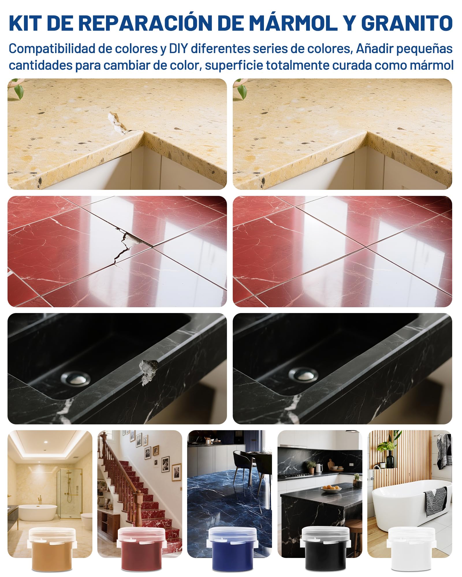 Kit Reparación Mármol y Granito (Coincidencia de Color), 160g Kit Reparación Azulejos Para Astillas Agujeros Abolladuras Defectos Grietas, Fijar Cuarzo Fregadero Piedra Otras Superficies Duras