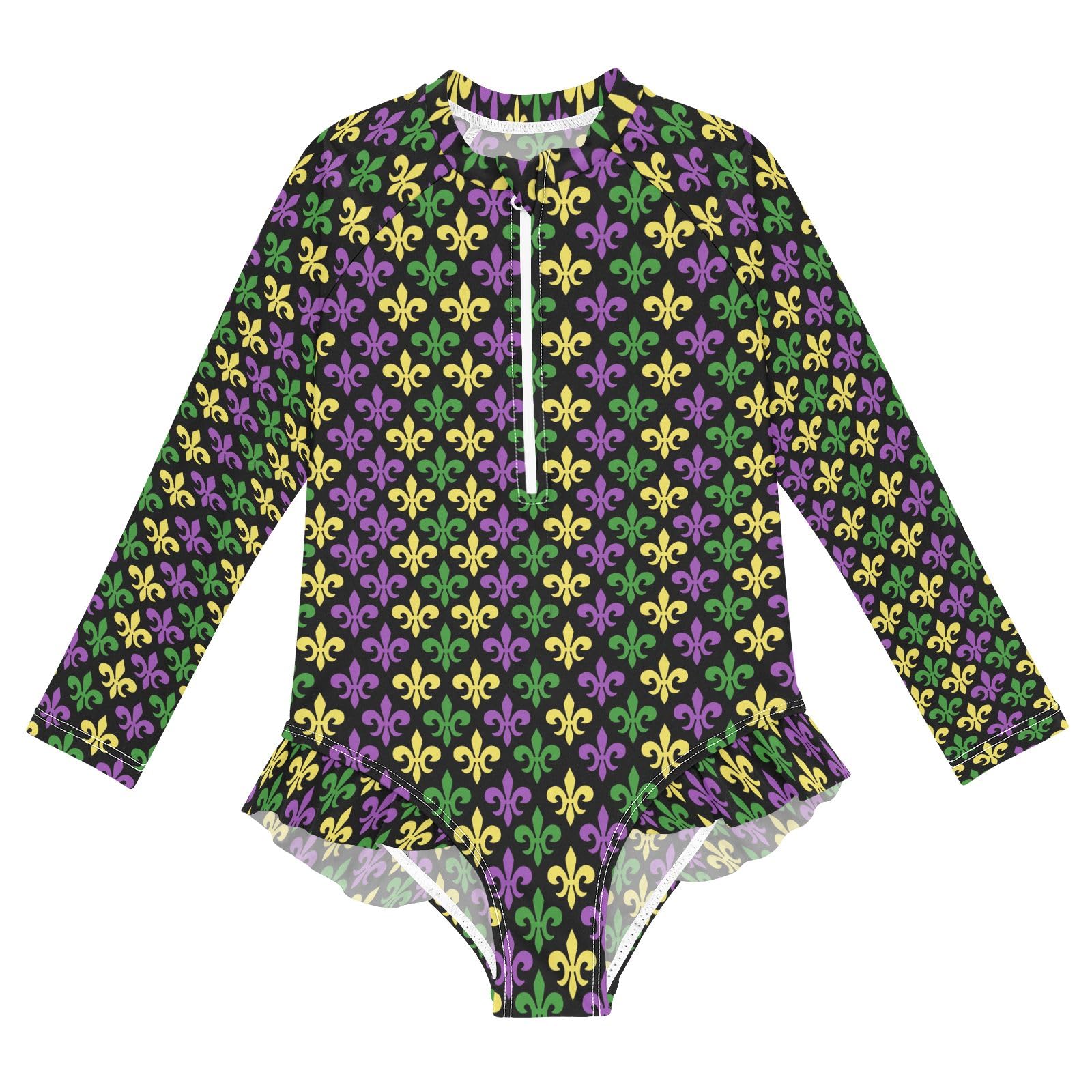 Traje de baño de una pieza con estampado Mardi Gras llamativo y mangas largas de niñas 8