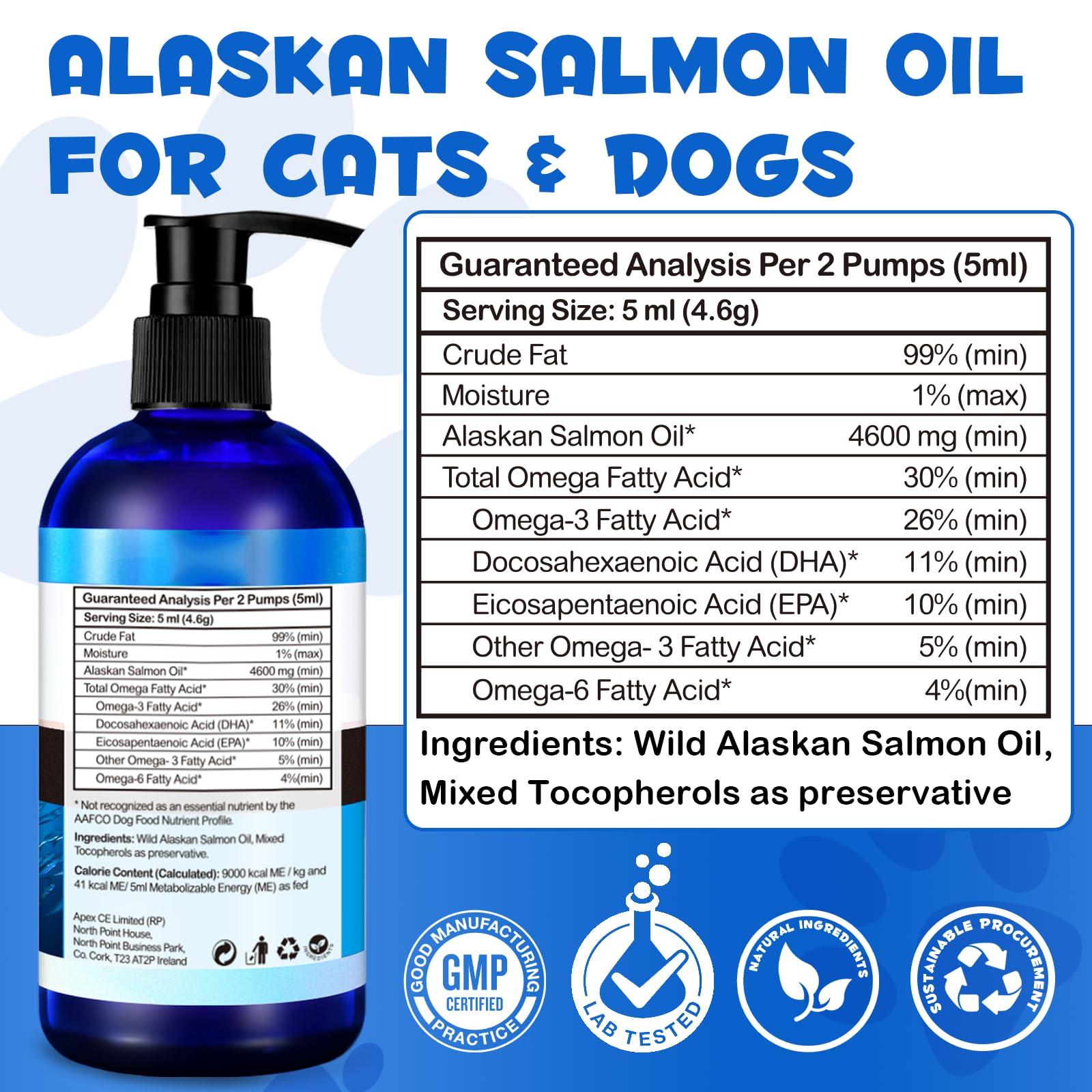 Huile de poisson pour chien d'Alaska, huile de saumon sauvage pour chiens et chats (8,8 oz) - Acides gras oméga-3-6 avec EPA et DHA - Soutien de la santé de la peau, du pelage et des articulations