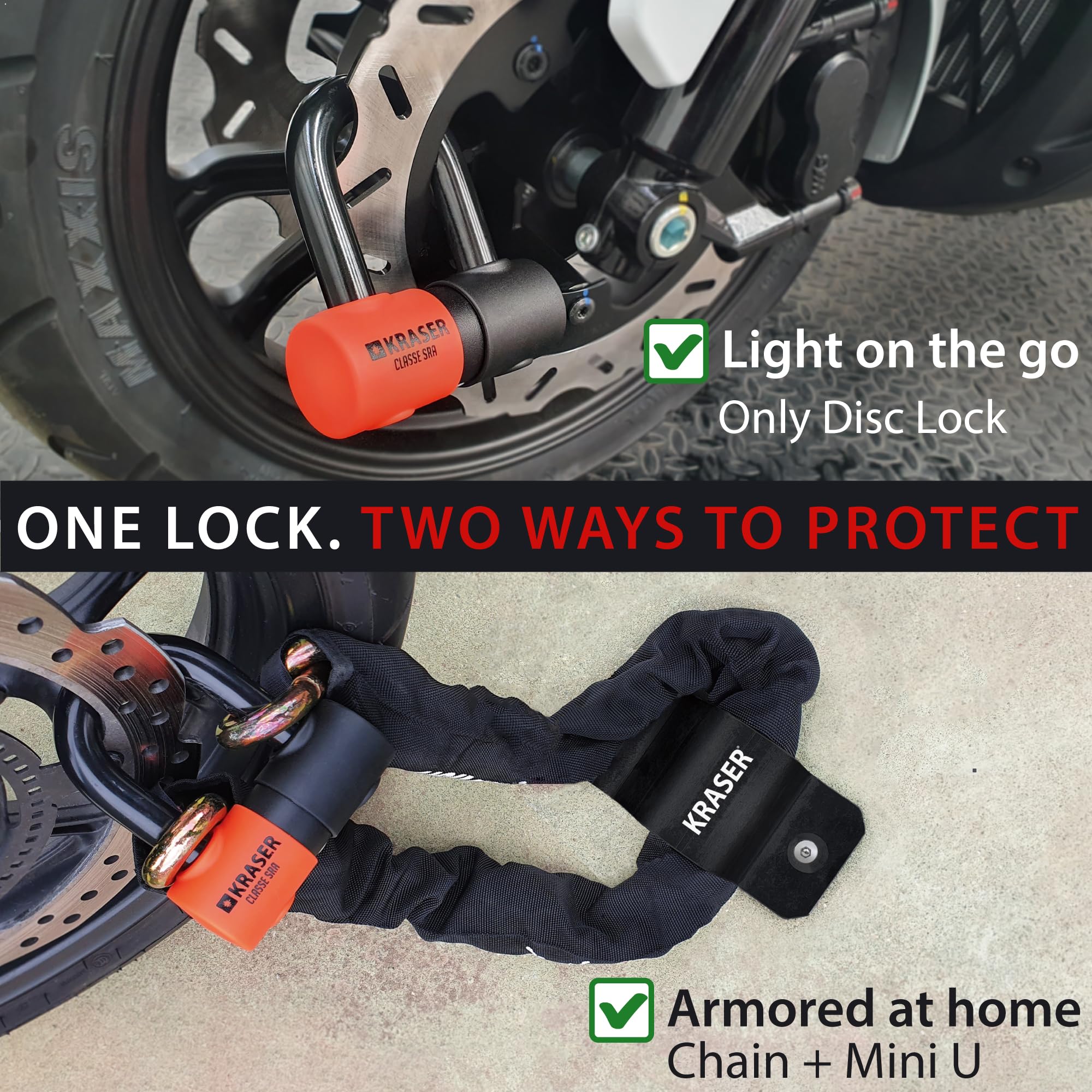 KRASER KR50100 Blokada Zestaw Antykradzieżowy Motocyklowej Łańcuch Zabezpieczający Kłódka Antykradzieżowa Motocykl Zatwierdzony Mini U Solid Ø18 + 13,5 łańcuch 100cm, Zabezpieczenie ciężki obowiązek