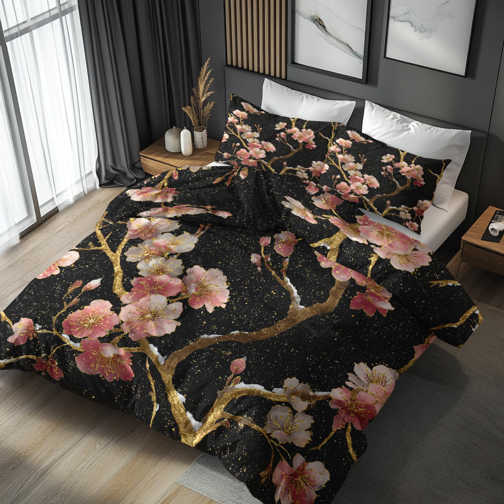 Chinese Duvet Cover Double Size, Cherry Floral Japanese Duvet Cover Double Bedding Sets with 2 Pillow Cases, Chinese Bedroom Decor