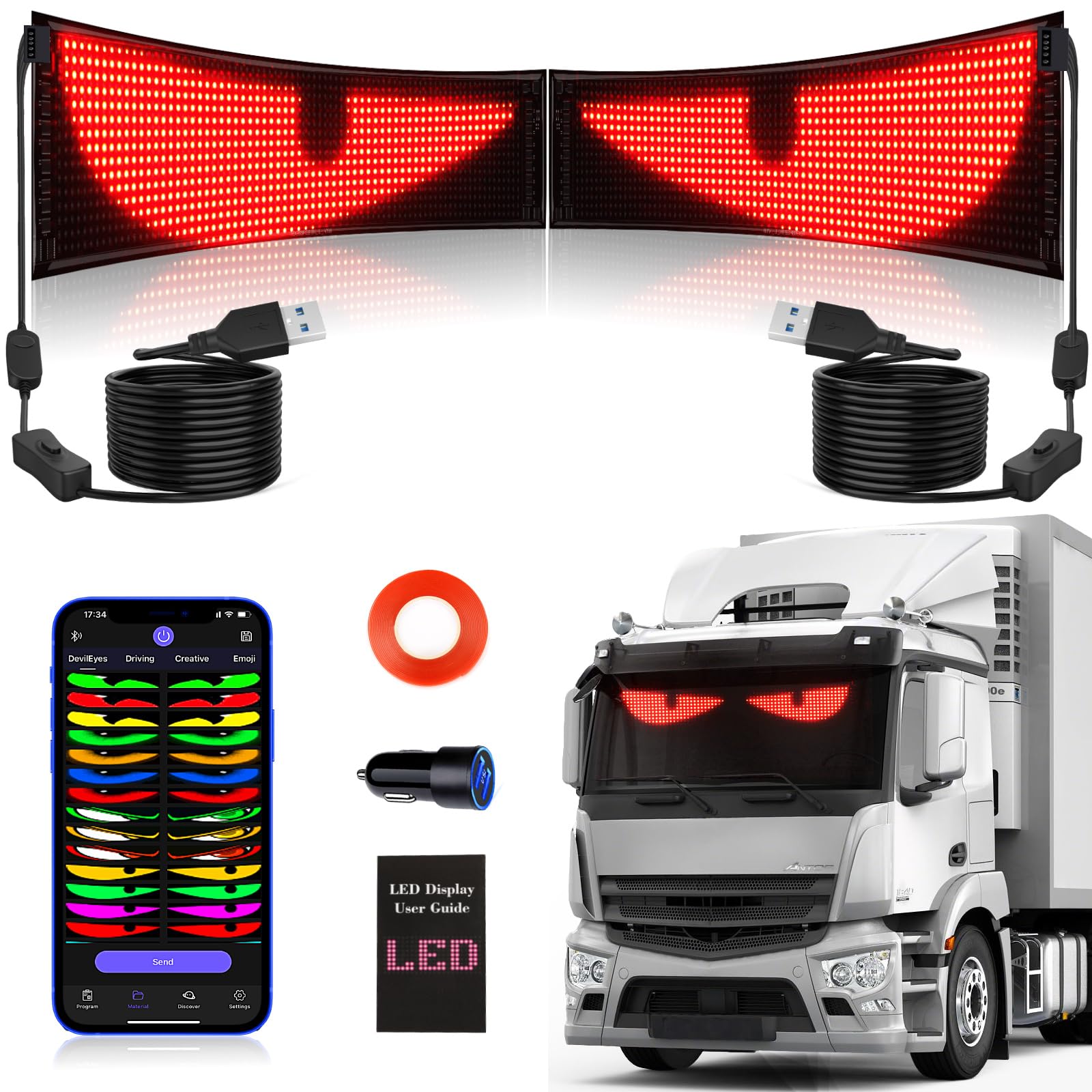 Kjoy Światła LED do samochodów ciężarowych, 59,9 x 12,9 cm, elastyczny wyświetlacz LED do szyb samochodowych, cyfrowe przewijanie, programowalna tabliczka LED, dynamiczne, spersonalizowane, duże