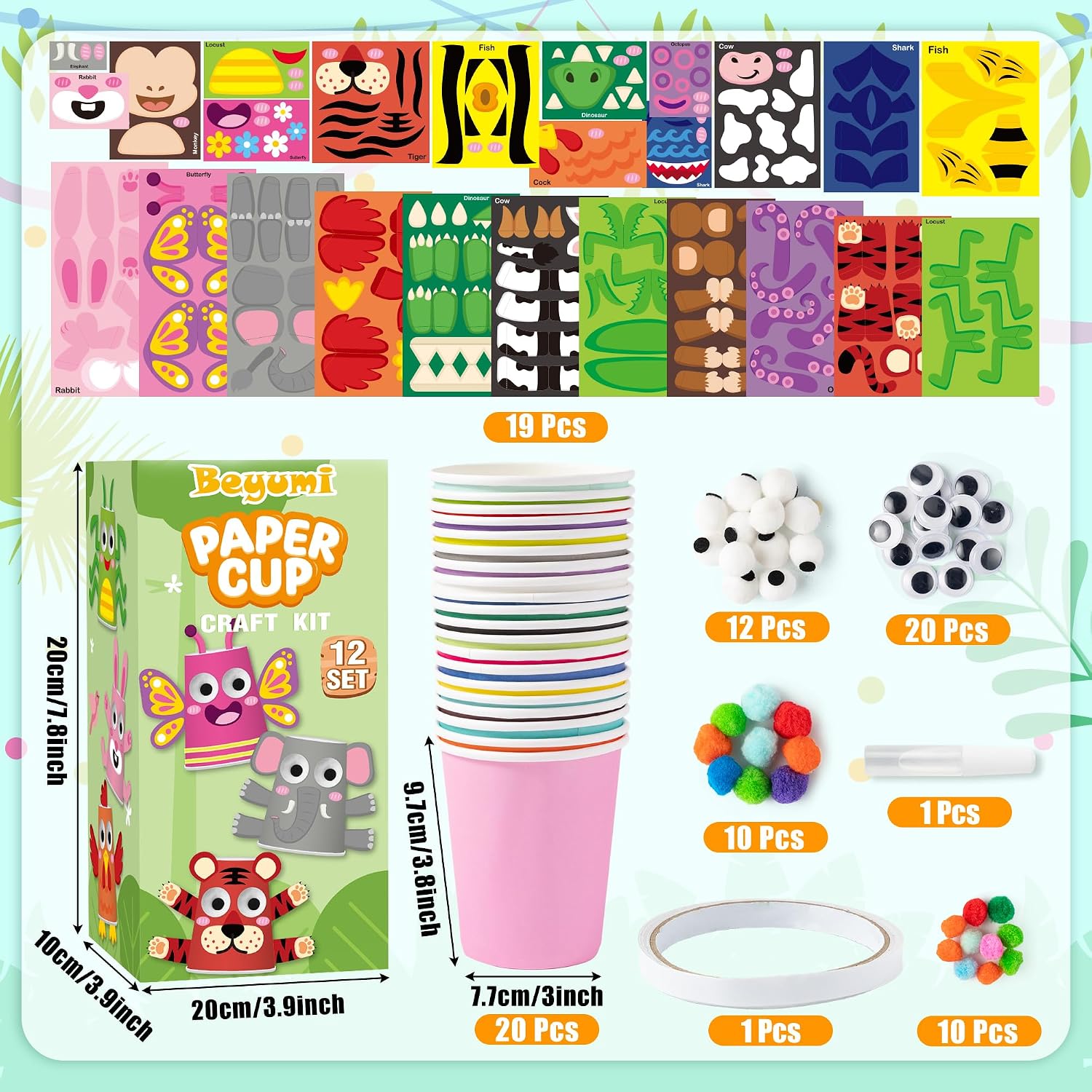 BeYumi Animal Art Craft Kit - 12Pcs Animal Theme Arts and Crafts for Kids Toddler DIY Paper Cup Craft Kit 12 Cartoon Animals Project DIY Gift Birthday Party Preschool Classroom Fun Activity Ages 3-6