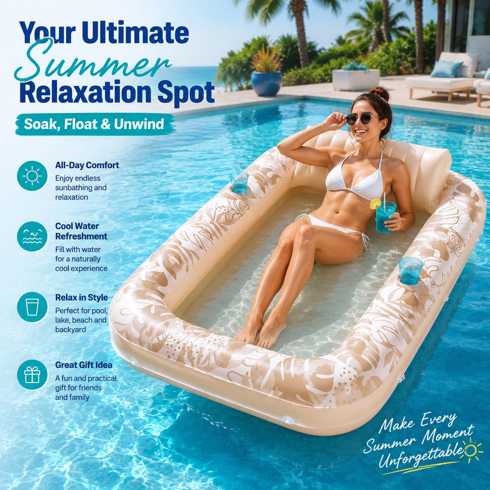 Aufblasbarer Sonnenbank-Pool-Liegefloat mit Getränkehalter und Luftpumpe