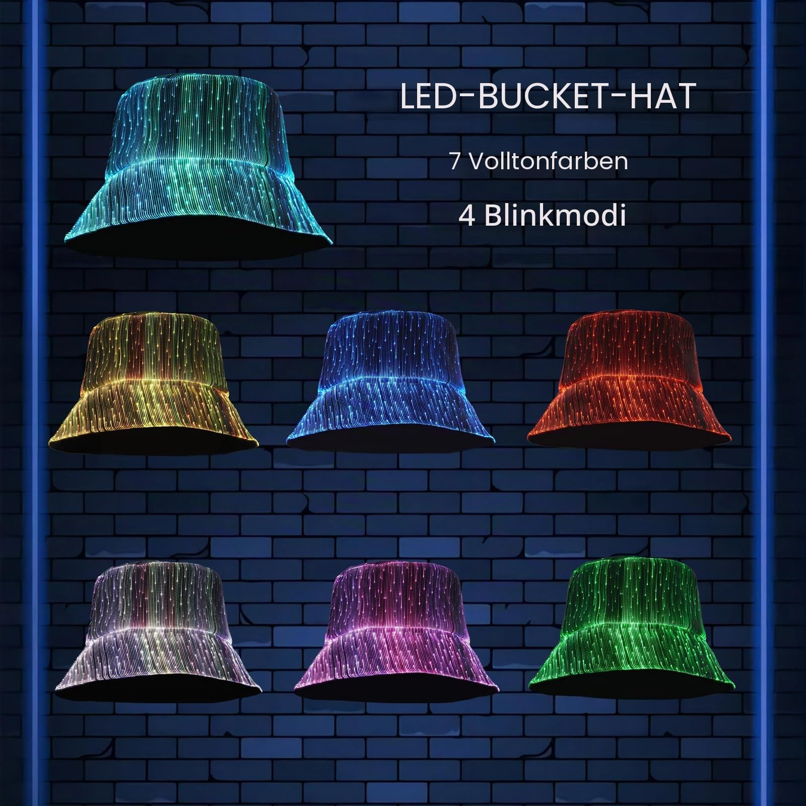 lumisonata LED-Leuchthut mit 7 Farben, wiederverwendbarer LED-Bucket-Hut mit Lichteffekten für Festivals, Partys und Nachtevents, futuristische USB-ladbare Mütze für Frauen und Männer