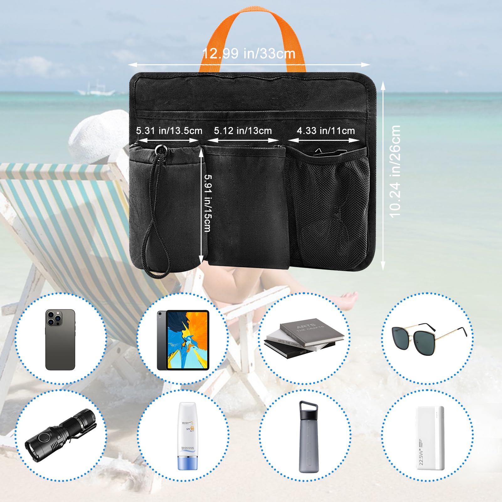 Emsiok Beach Chair Cup Phone Holder Attachment Black Camp Chair Side Pocket Organizer Beach Chair Accessories Pouch Camping Chair Armrest Storage Bag with 4 Pockets for Water Bottle Sunglasse Book