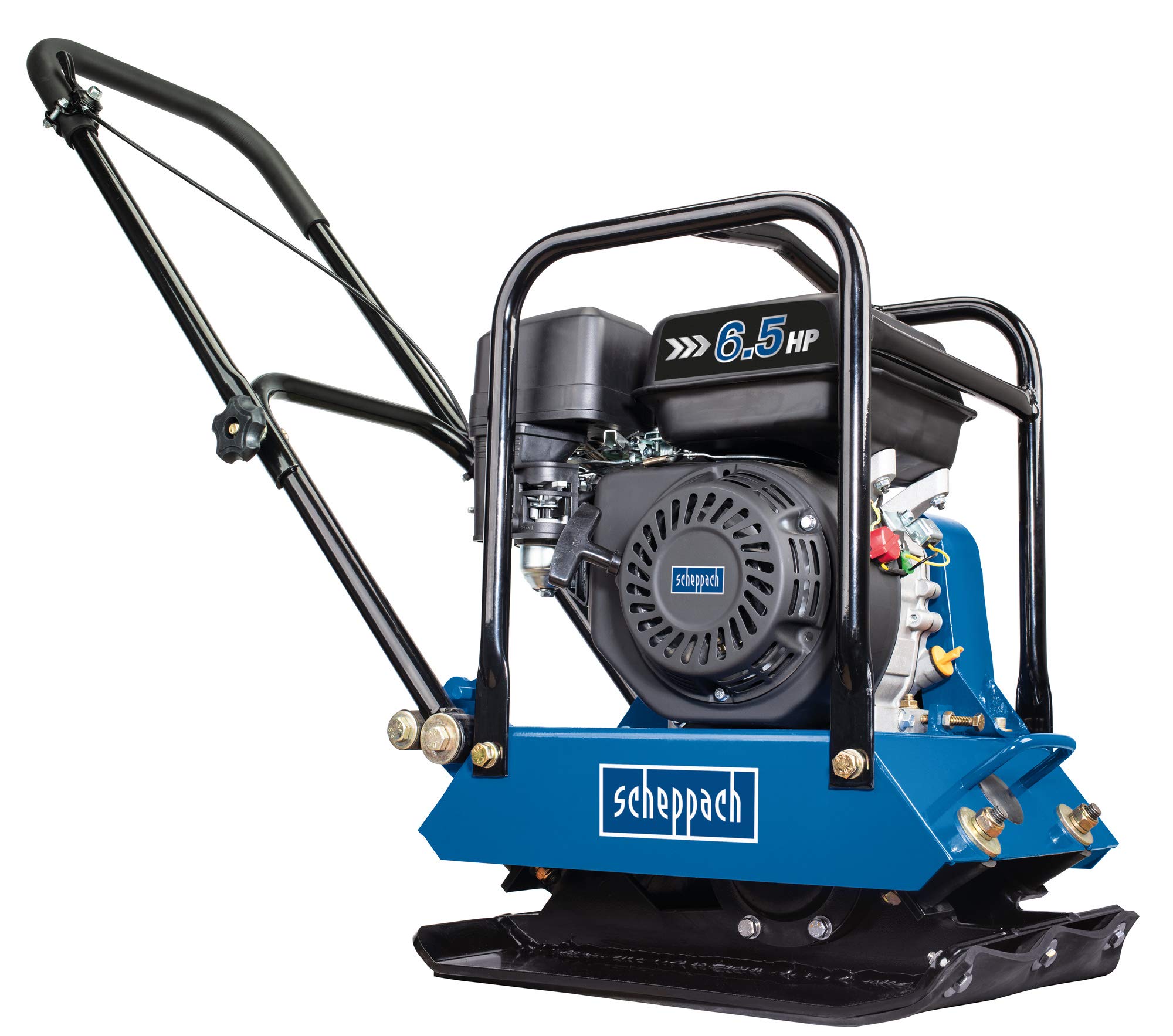 Scheppach Benzin Rüttelplatte HP1200S | 6,5PS Leistung | 15kN Verdichtungsdruck - 30cm Verdichtungstiefe | Vorlaufgeschwindigkeit 25 m/min | inkl. Gummimatte und Fahrvorrichtung