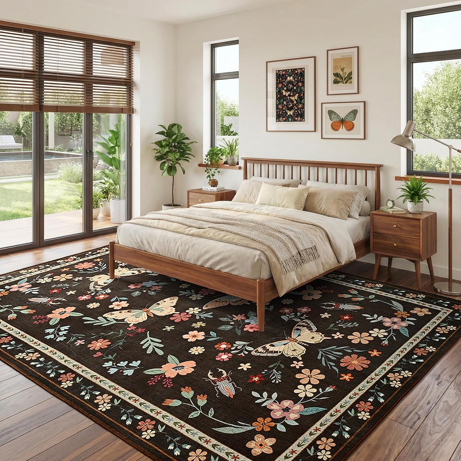 4x6 Area Rugs for Living Room Bedroom, Washable Butterfly Floral Insect Print Rug, Soft Ultra-Thin Non Slip Modern Carpet for Dining Office Kids Nursery Playroom Room Home Decor, Brown