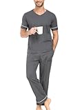 Mens Pajamas Set Short Sleeve Sleepwear 100% Cotton Nightwear Soft Comfy Pjs Sleep Set With Pocket
