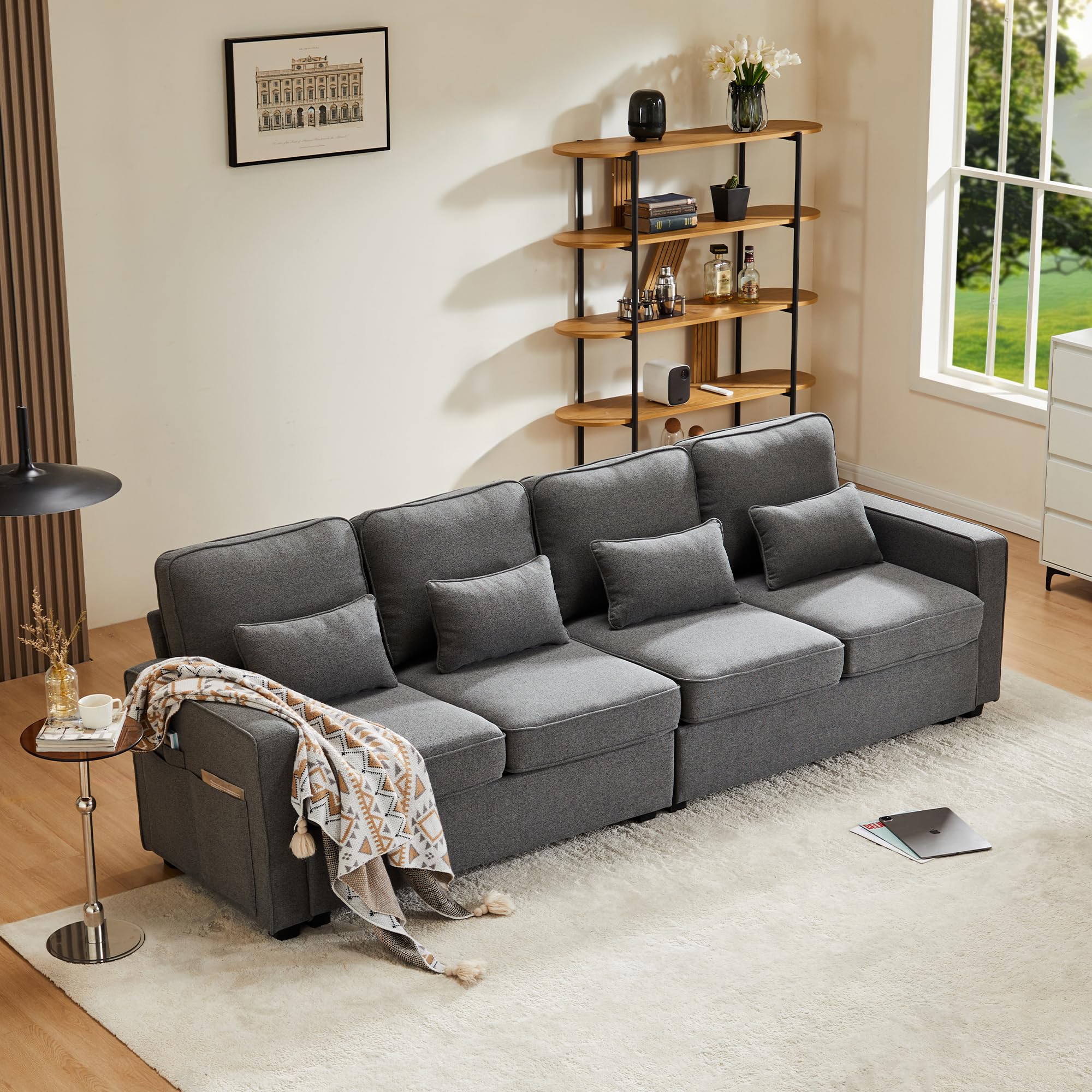 Soweiz Sofá moderno de 4 plazas de tela de lino, sofá de cuatro plazas con bolsillos para reposabrazos y 4 almohadas, estilo simple, adecuado para salón, apartamento, oficina, 3 opciones de color