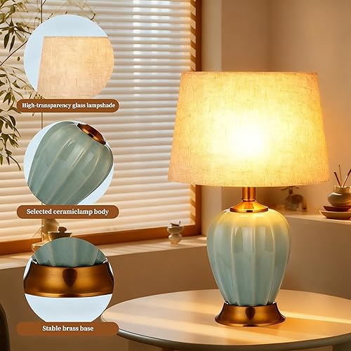 Miniatura 4 de Lámpara de mesa de cerámica vintage para sala de estar, lámparas de mesa modernas de cerámica de 18.3 pulgadas para dormitorio, detalles de latón,