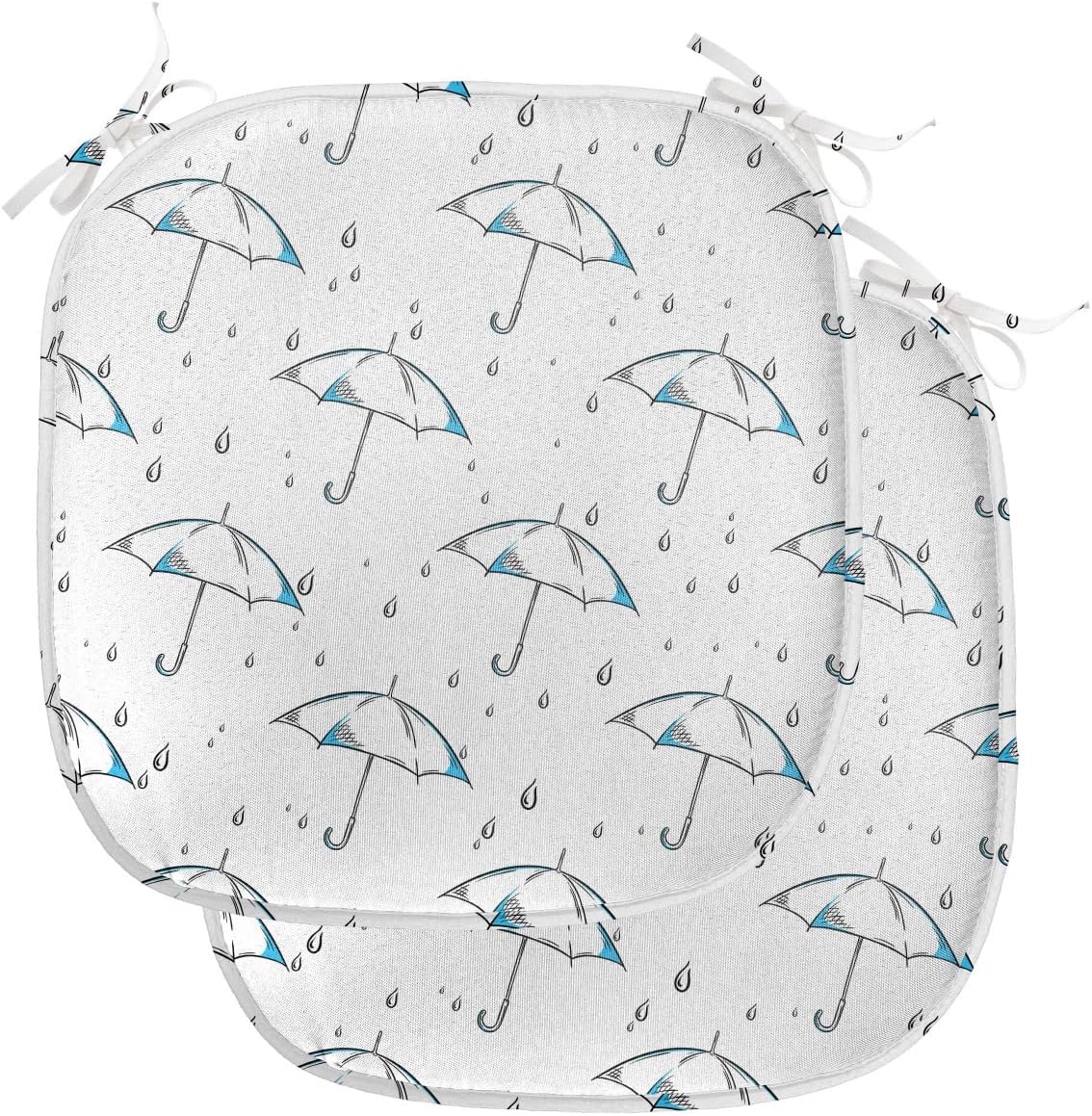 Lunarable Umbrella Chair Seating Cushion Set of 2, Sketchy Striped Umbrella Parasol Motif Rain Drops Fall Autumn Themed Art, Anti-Slip Seat Padding for Kitchen & Patio, 16"x16", Blue White