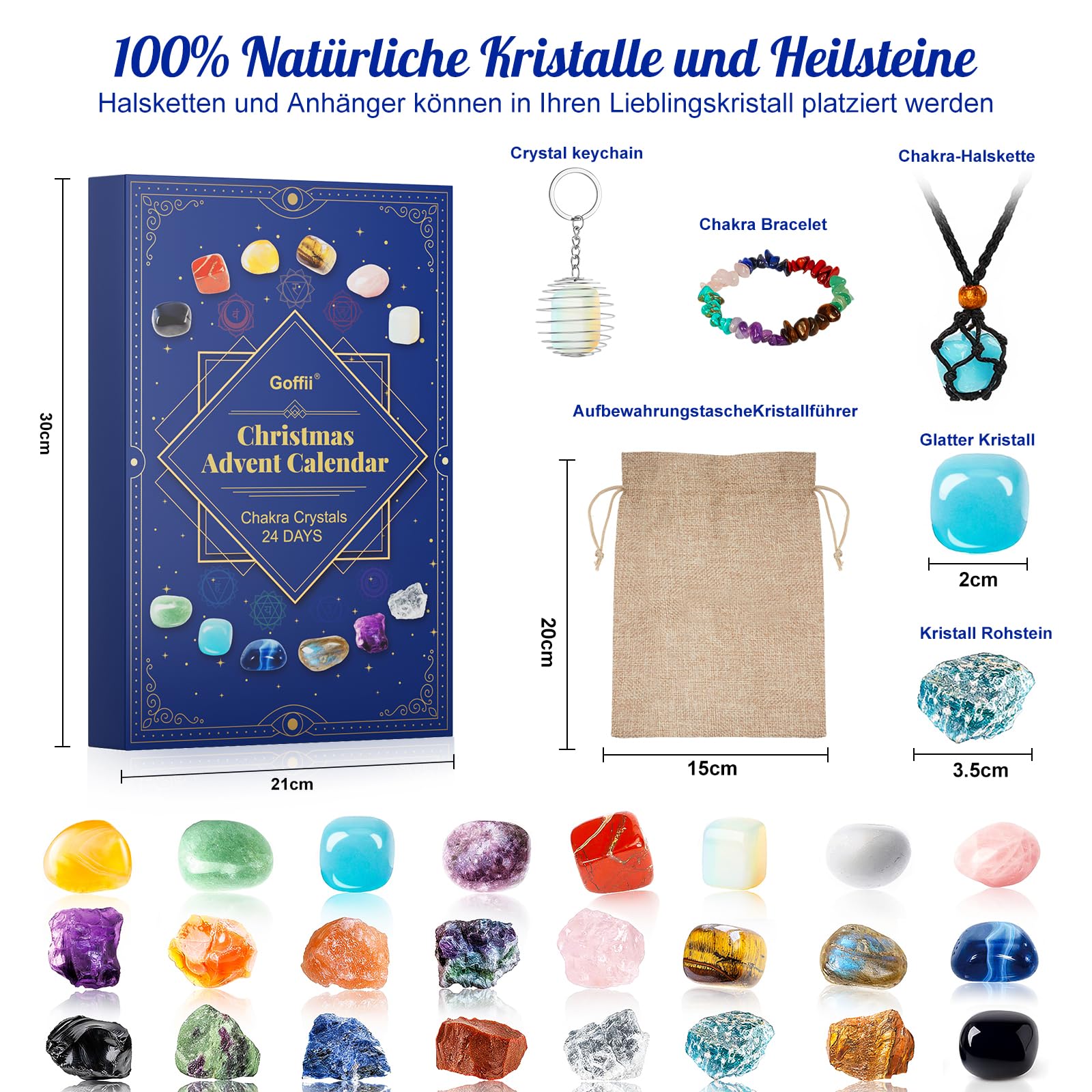 Calendario dell'Avvento - Kit di 24 cristalli curativi con rocce, minerali e fossili, conto alla
